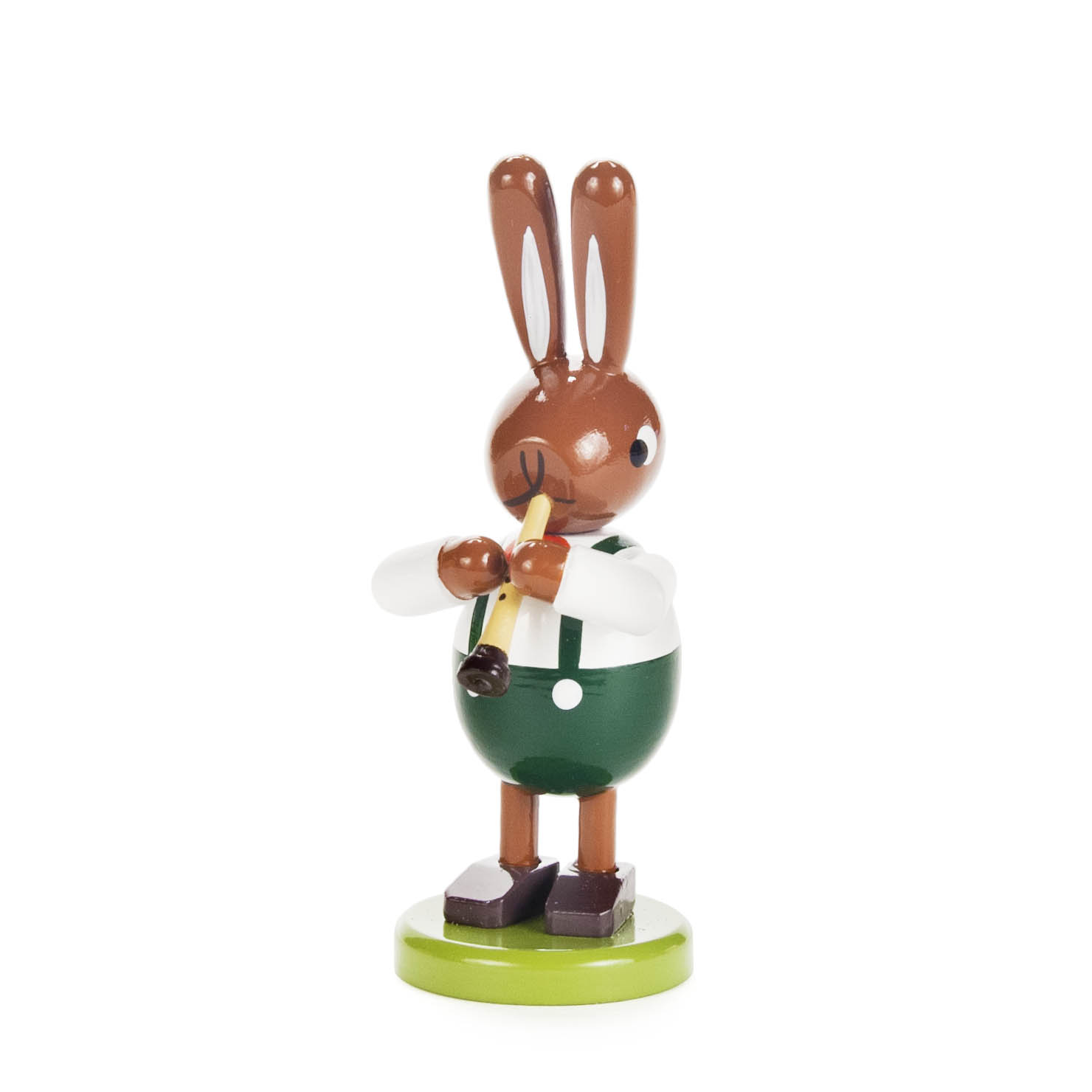 Kleines Holzfigur eines Hasen in grüner Kleidung, der eine gelbe Klarinette spielt. im Dregeno Online Shop günstig kaufen