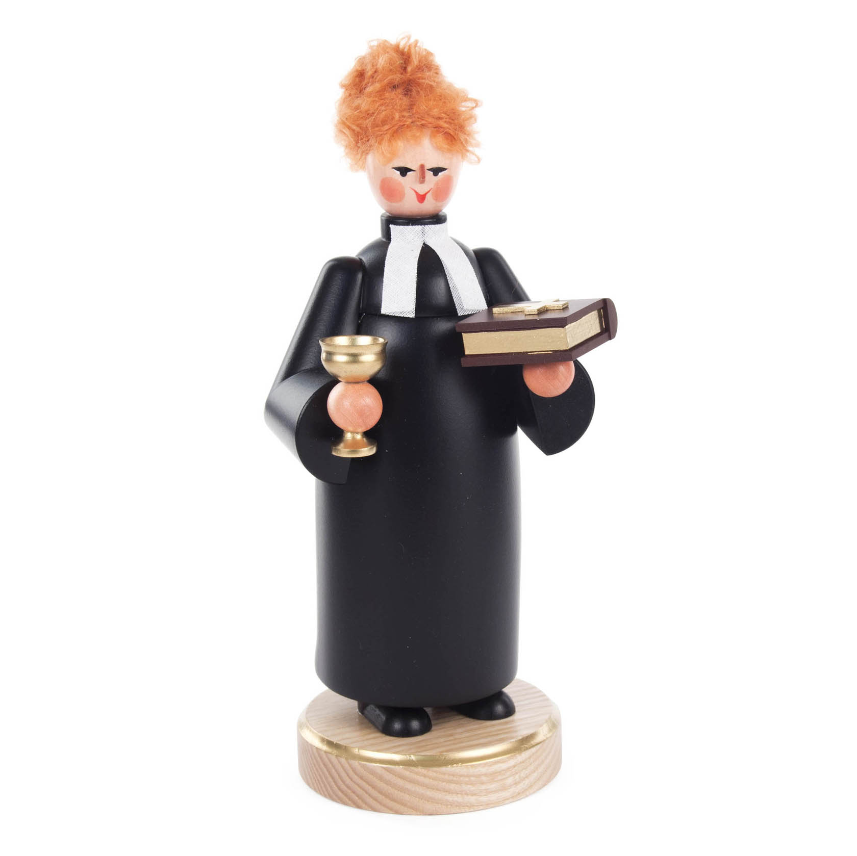 Holzfigur einer Pfarrerin mit roten Haaren im schwarzen Talar, die einen goldenen Kelch und ein Buch hält. im Dregeno Online Shop günstig kaufen