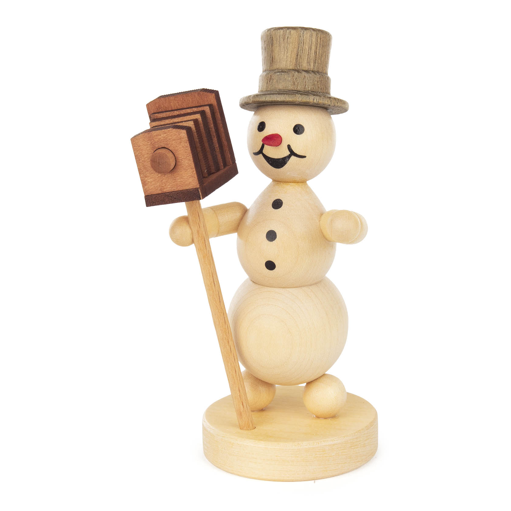 Holzfigur eines Schneemanns mit schwarzem Zylinder, roter Nase und Knöpfen, hält eine vintage Kamera auf einem Stock. im Dregeno Online Shop günstig kaufen