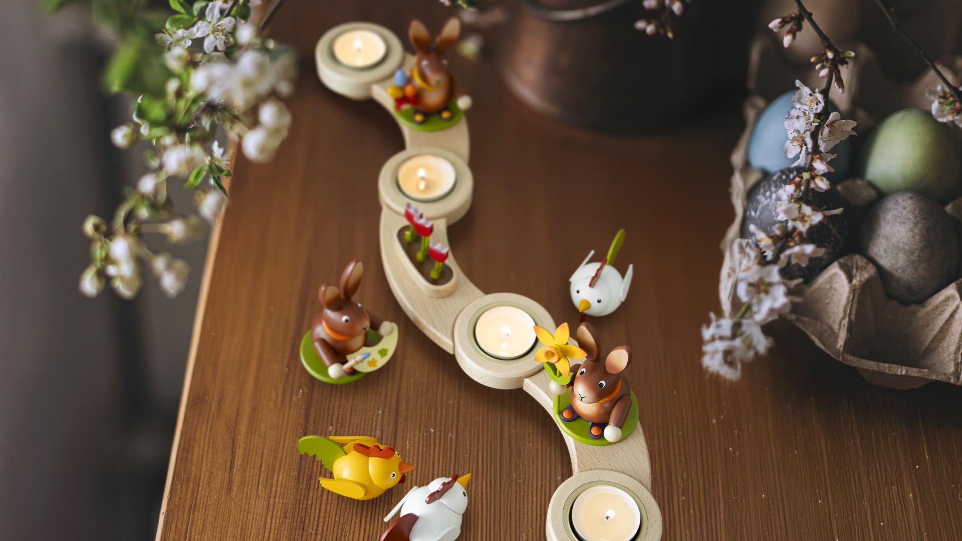 Vario-Tischleuchter mit Osterhasen und Küken