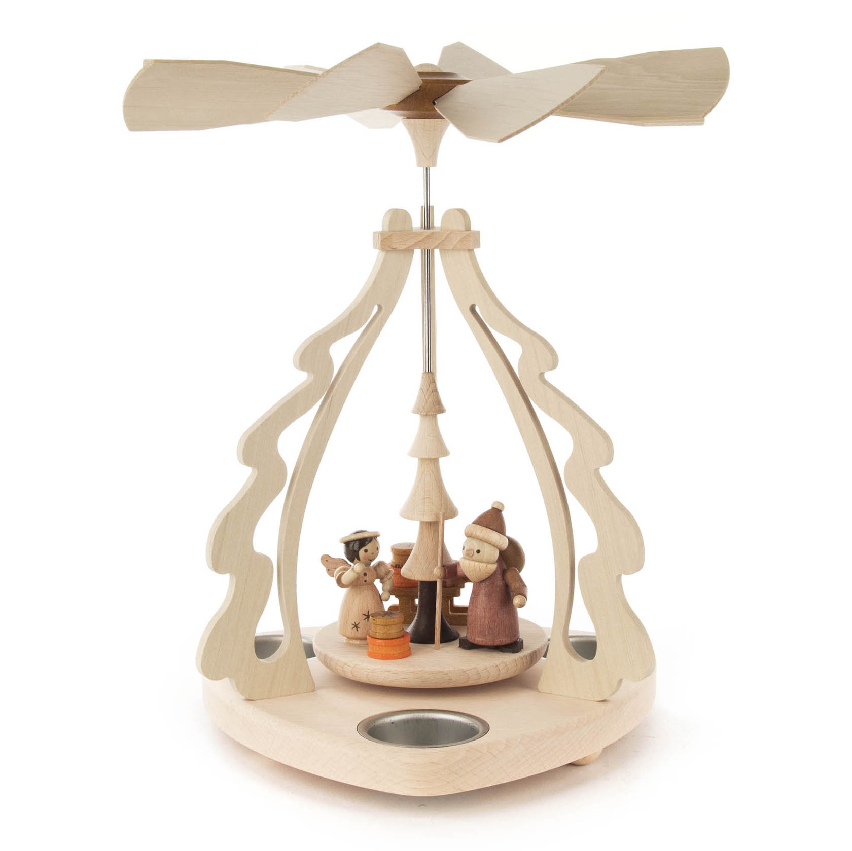 Holzpyramide mit Teelichthalter, oben große Flügel zur Drehung, darunter zwei Holzfiguren, ein Schneemann und ein Kind vor einem Weihnachtsbaum stehend. im Dregeno Online Shop günstig kaufen