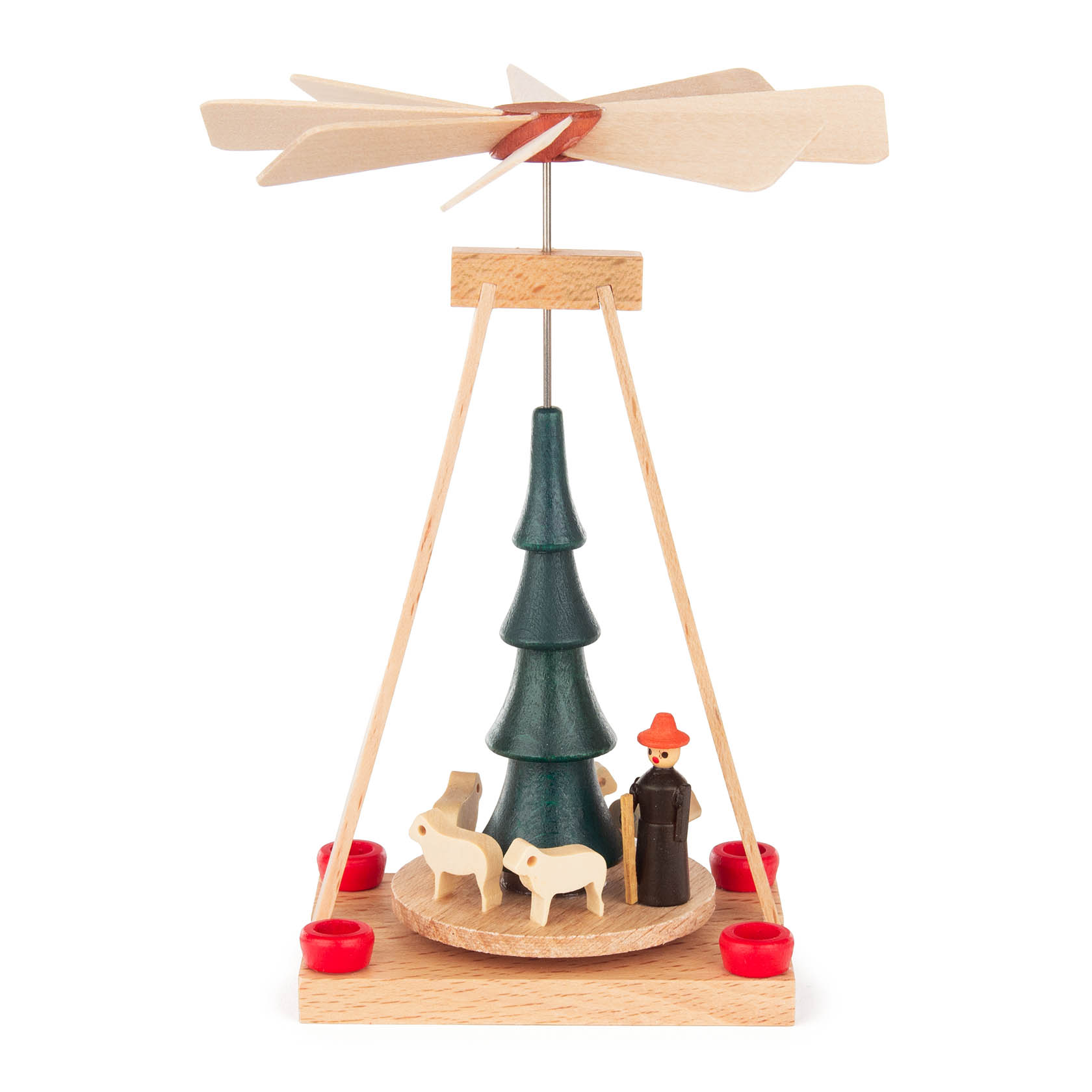 Holzpyramide mit einer Schäferei-Szene: Ein Schäfer mit rotem Hut steht neben drei gelben Schafen vor einem grünen Baum. Oben dreht sich ein Propeller. im Dregeno Online Shop günstig kaufen