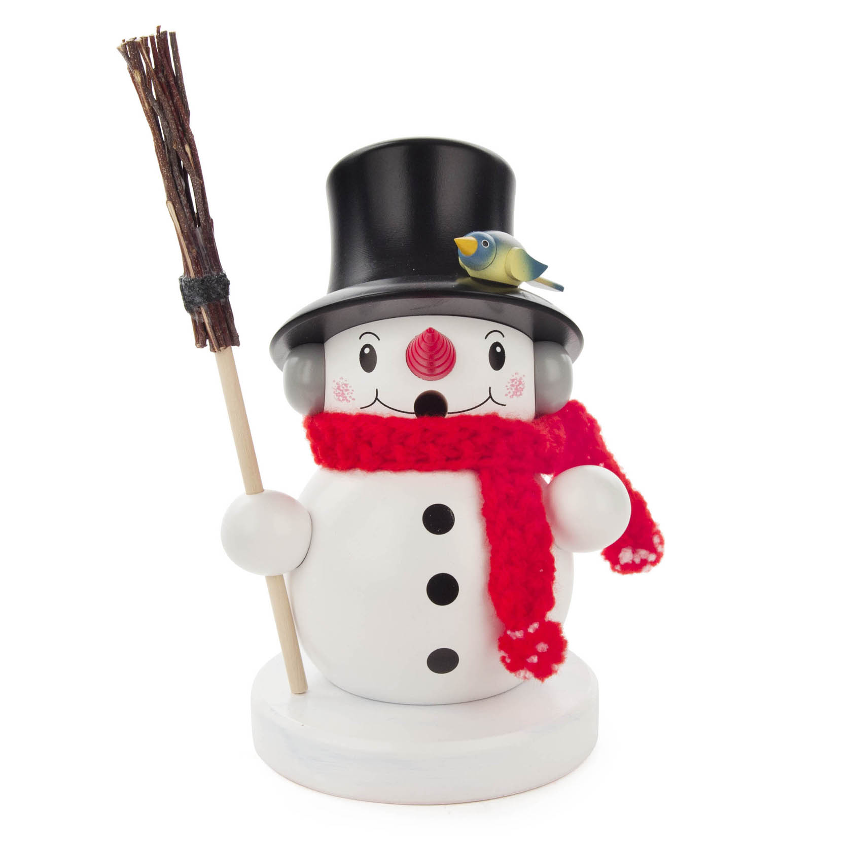 A smoking figure snowman with a black top hat, red scarf, and broomstick. The snowman has a small blue bird on its hat.