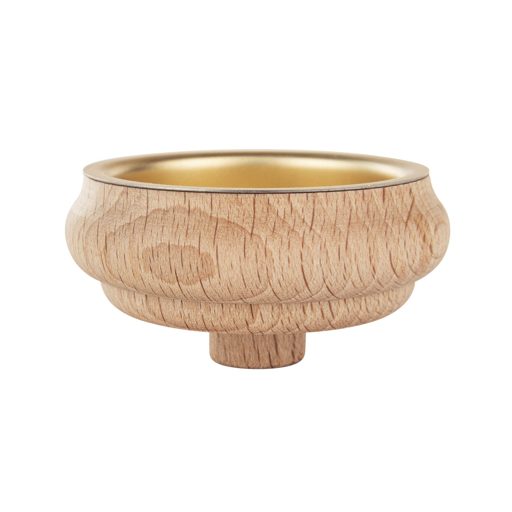 Ein unlackierter Teelichtaufsatz aus Holz mit Messingtülle und einem flachen Profil. Der Zapfen hat einen Durchmesser von 14mm. im Dregeno Online Shop günstig kaufen