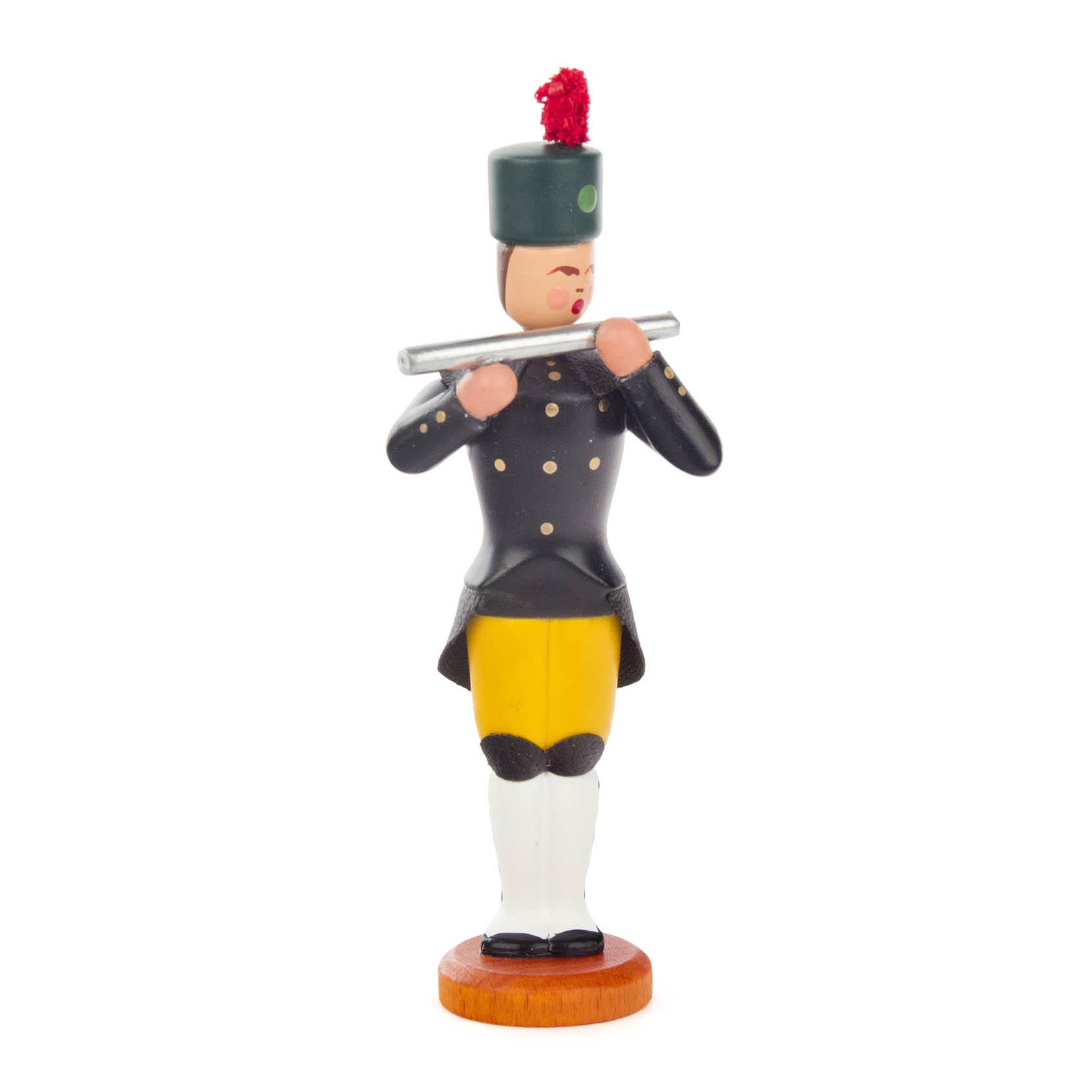 Holzfigur eines Bergmanns mit Querflöte, bekleidet mit schwarzer Uniform, gelben Hosen, weißem Stiefel und grünem Helm mit rotem Federbusch. im Dregeno Online Shop günstig kaufen