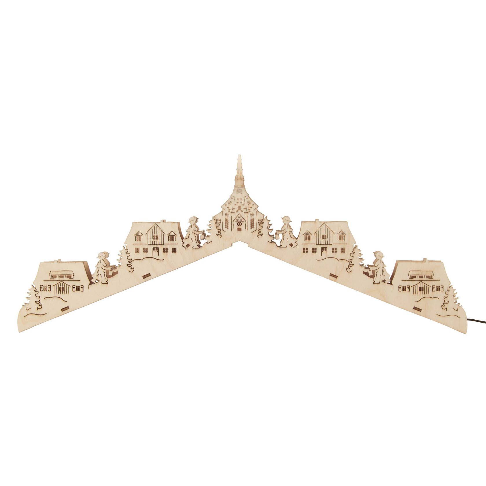 Elektrisch beleuchteter Dachaufbau für Weihnachtsmarktstand, aus Holz gefertigt, mit geschnitzten Figuren und Gebäuden, darunter Schneemänner und eine Kirche. im Dregeno Online Shop günstig kaufen