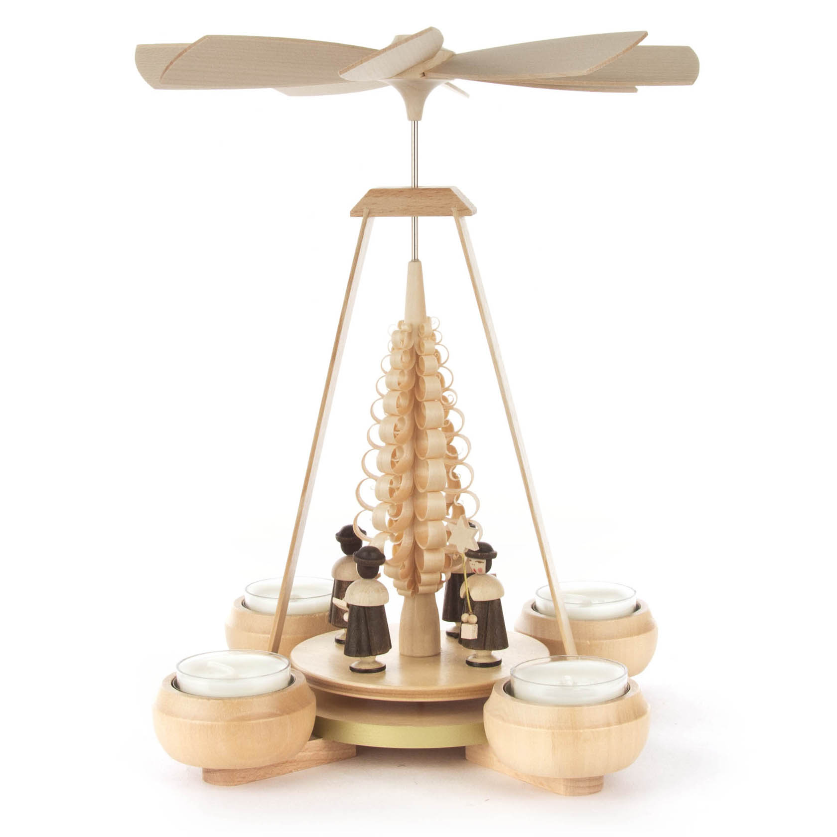 A wooden Christmas pyramid with a Kurrende choir around a spiral tree, designed for tealight candles.