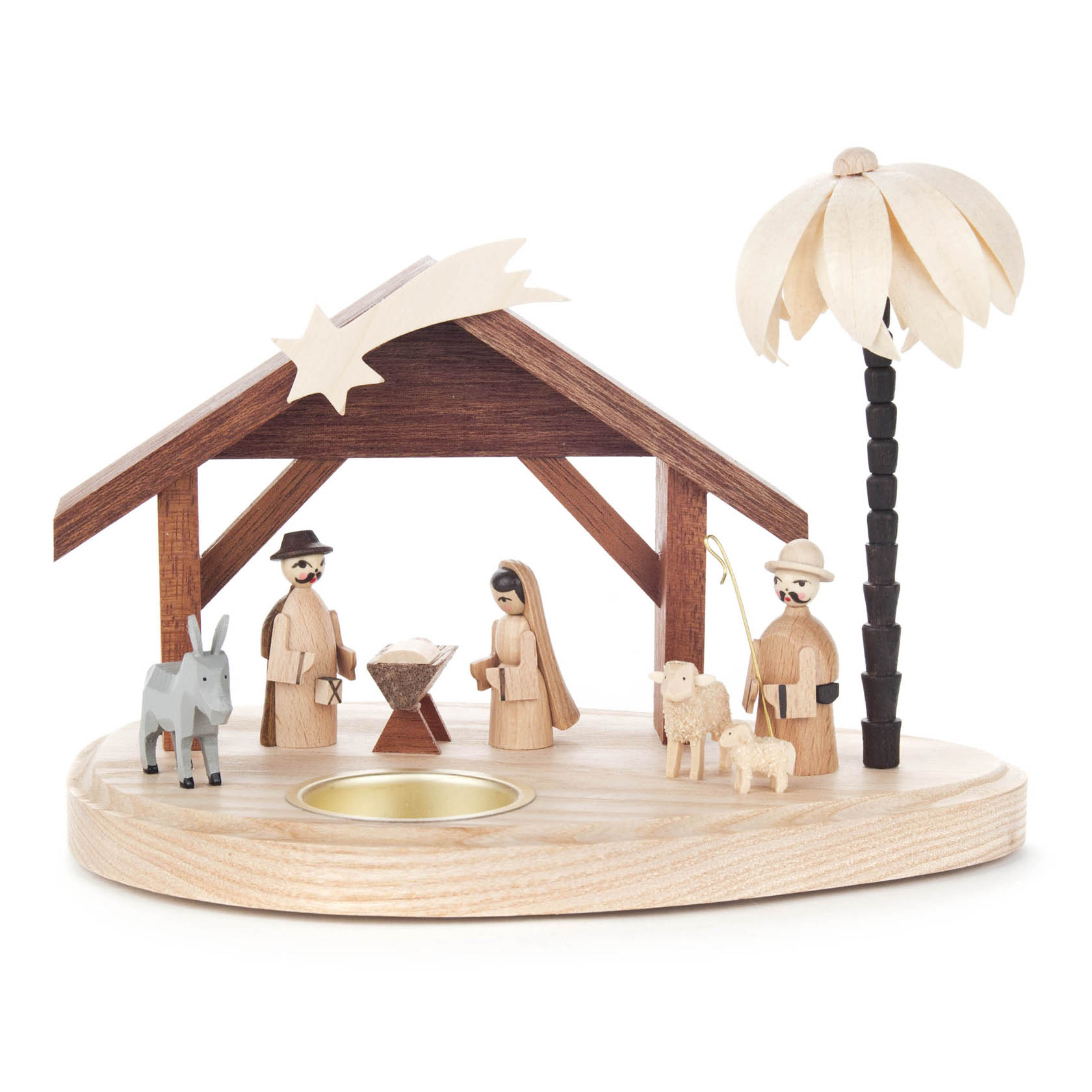 Wooden tea light holder featuring a Nativity scene with Mary, Joseph, baby Jesus in a manger, a donkey, a sheep, and a decorative palm tree. im Dregeno Online Shop günstig kaufen