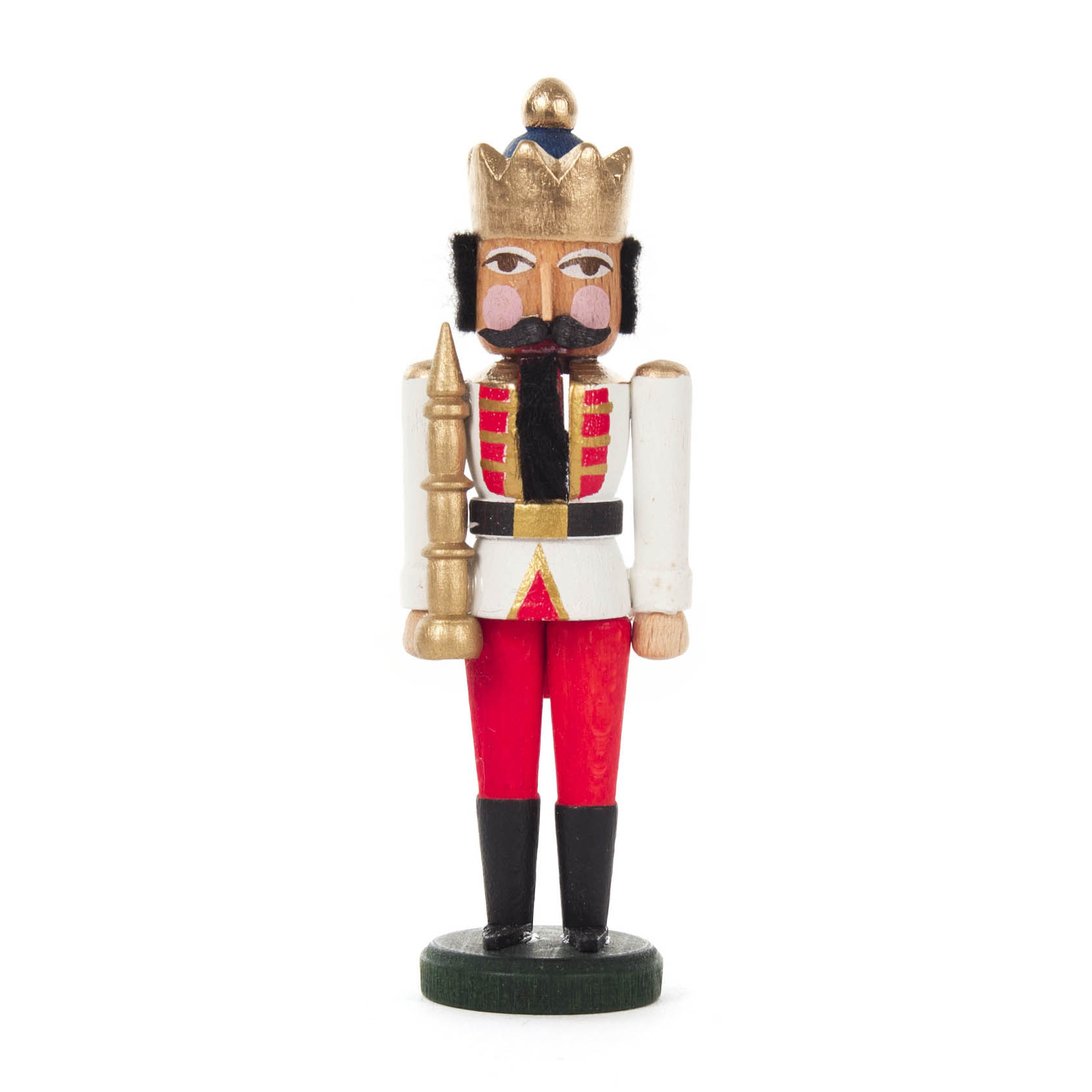 Ein kleiner Nussknacker in Form eines Königs, etwa 8 cm groß, trägt eine weiße Jacke, rote Hose und hält ein goldenes Szepter. Er hat einen schwarzen Bart und goldene Krone. im Dregeno Online Shop günstig kaufen