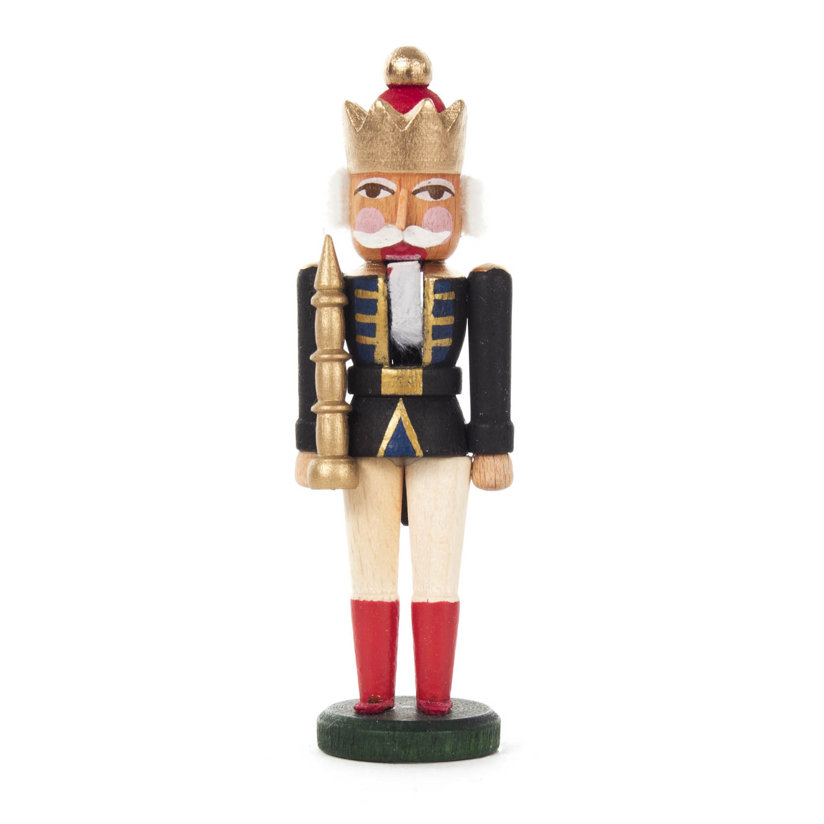 Ein kleiner, 8 cm großer Nussknacker-König in schwarz-weißer Uniform mit goldener Krone und Zepter, roten Stiefeln und einem Schnurrbart. im Dregeno Online Shop günstig kaufen