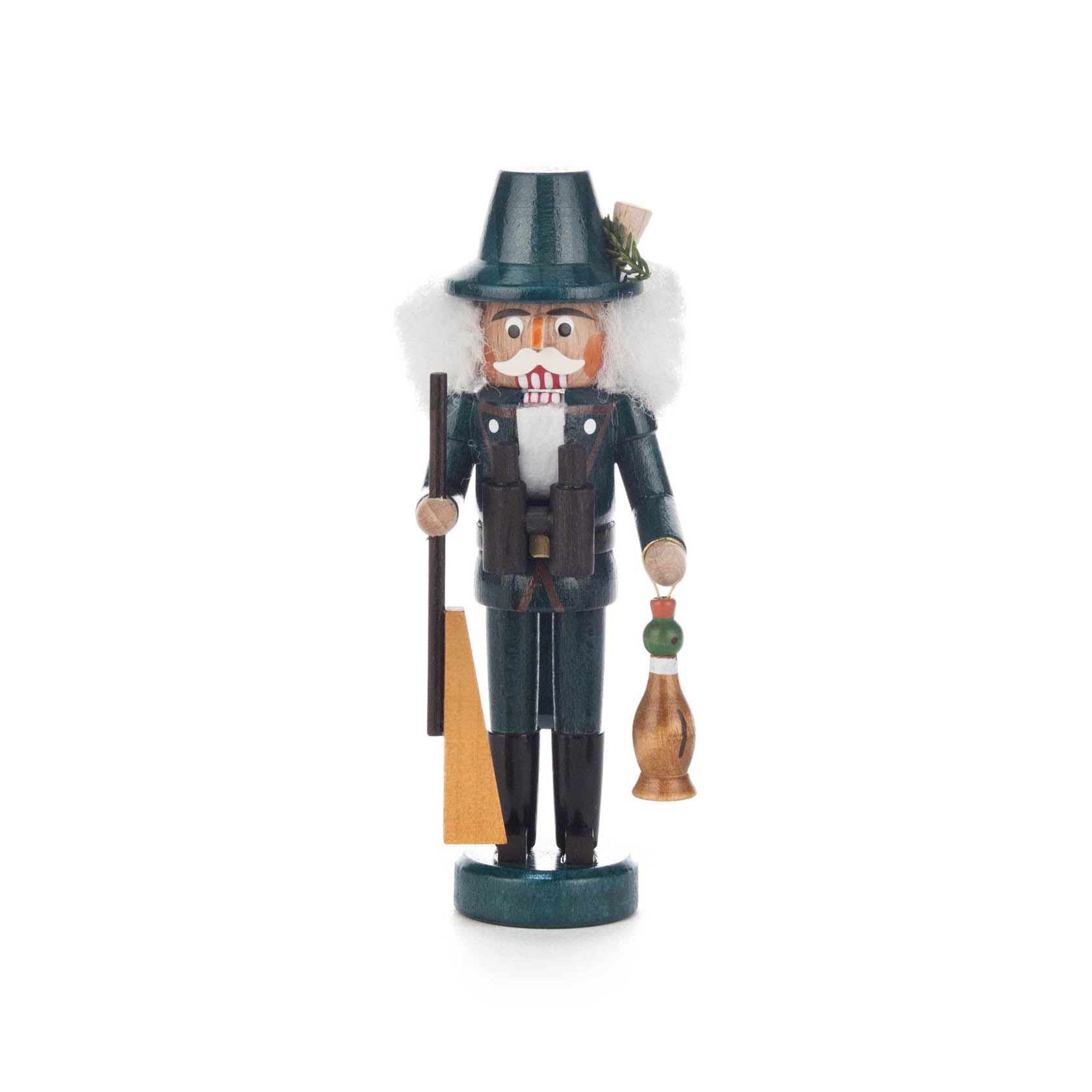Grüner Nussknacker in Jägeruniform, hält ein Gewehr und eine Holzente, 13,5 cm hoch. im Dregeno Online Shop günstig kaufen