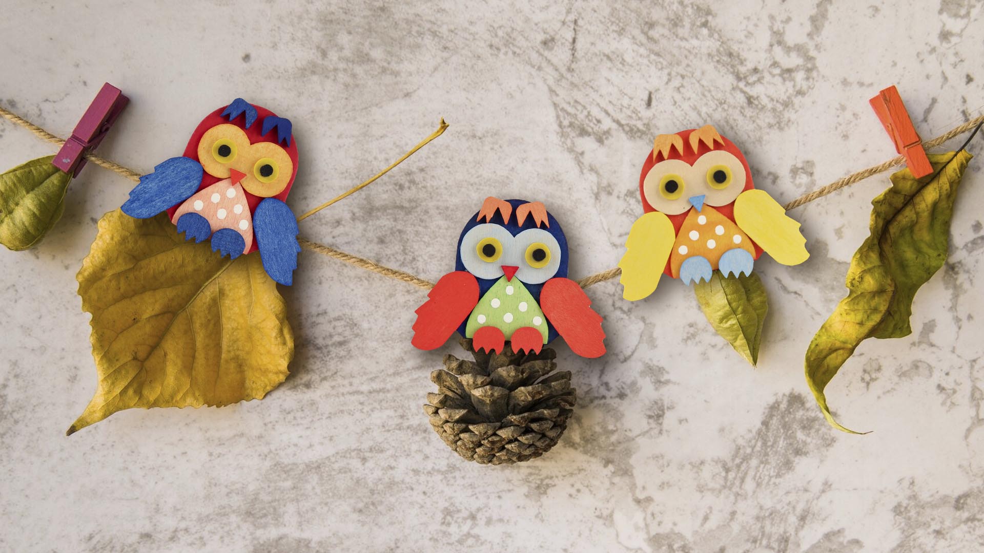 Klammern mit bunten Eulen