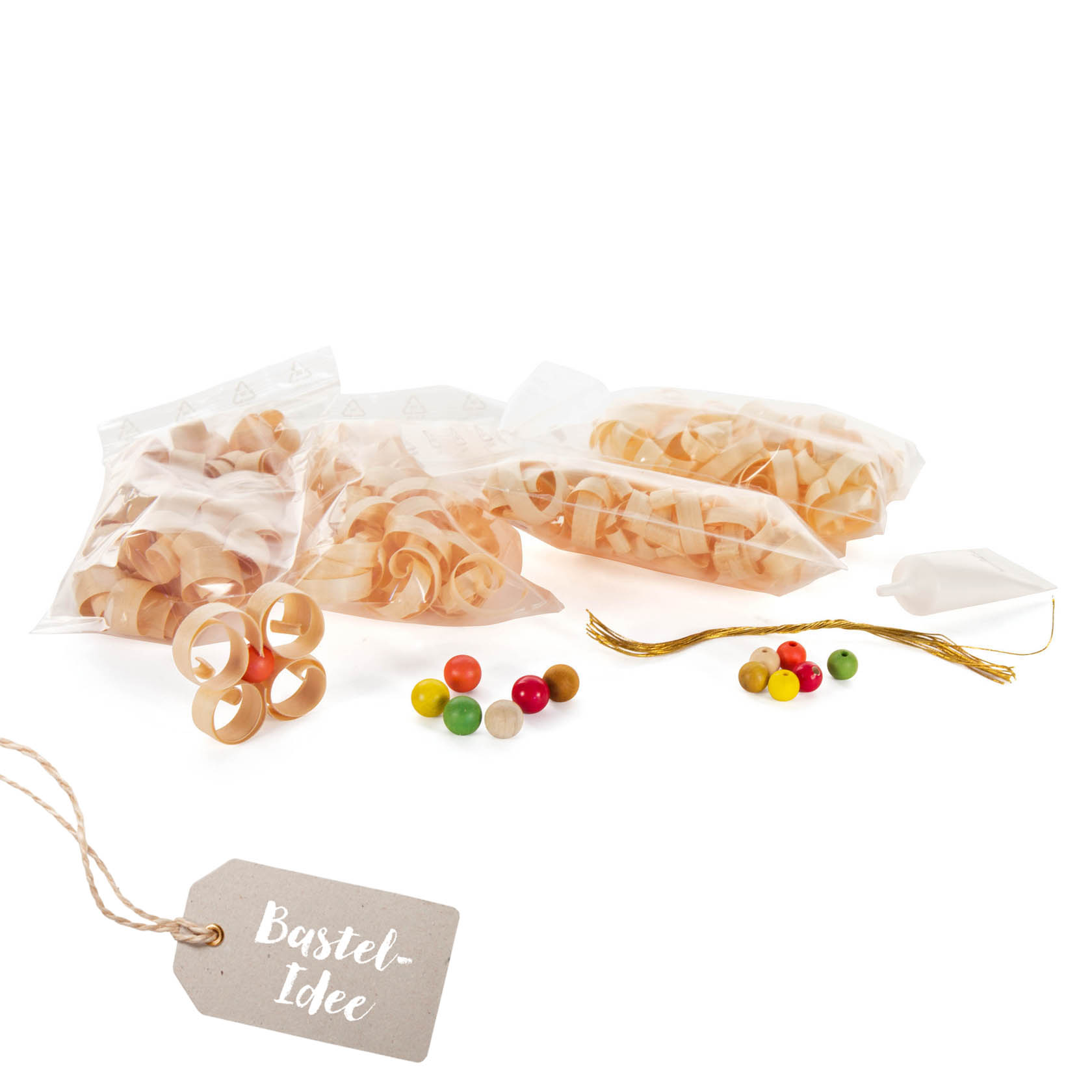Bastelset mit Holzspänen, goldener Schnur und bunten Holzperlen. im Dregeno Online Shop günstig kaufen