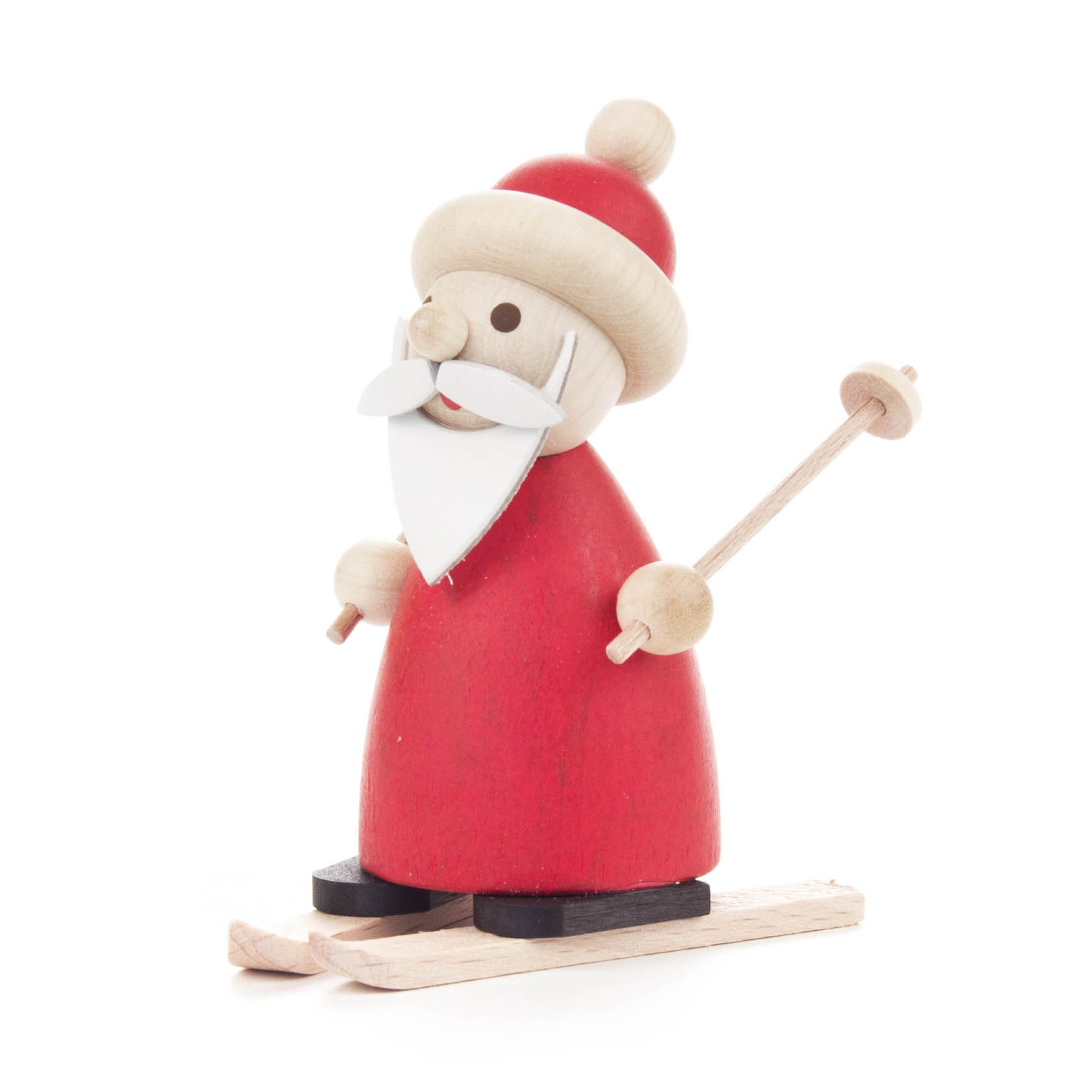 Holzfigur eines lächelnden Ruprechts mit rotem Mantel und Mütze, weißen Bart, auf Ski stehend, mit Skistöcken in der Hand. im Dregeno Online Shop günstig kaufen