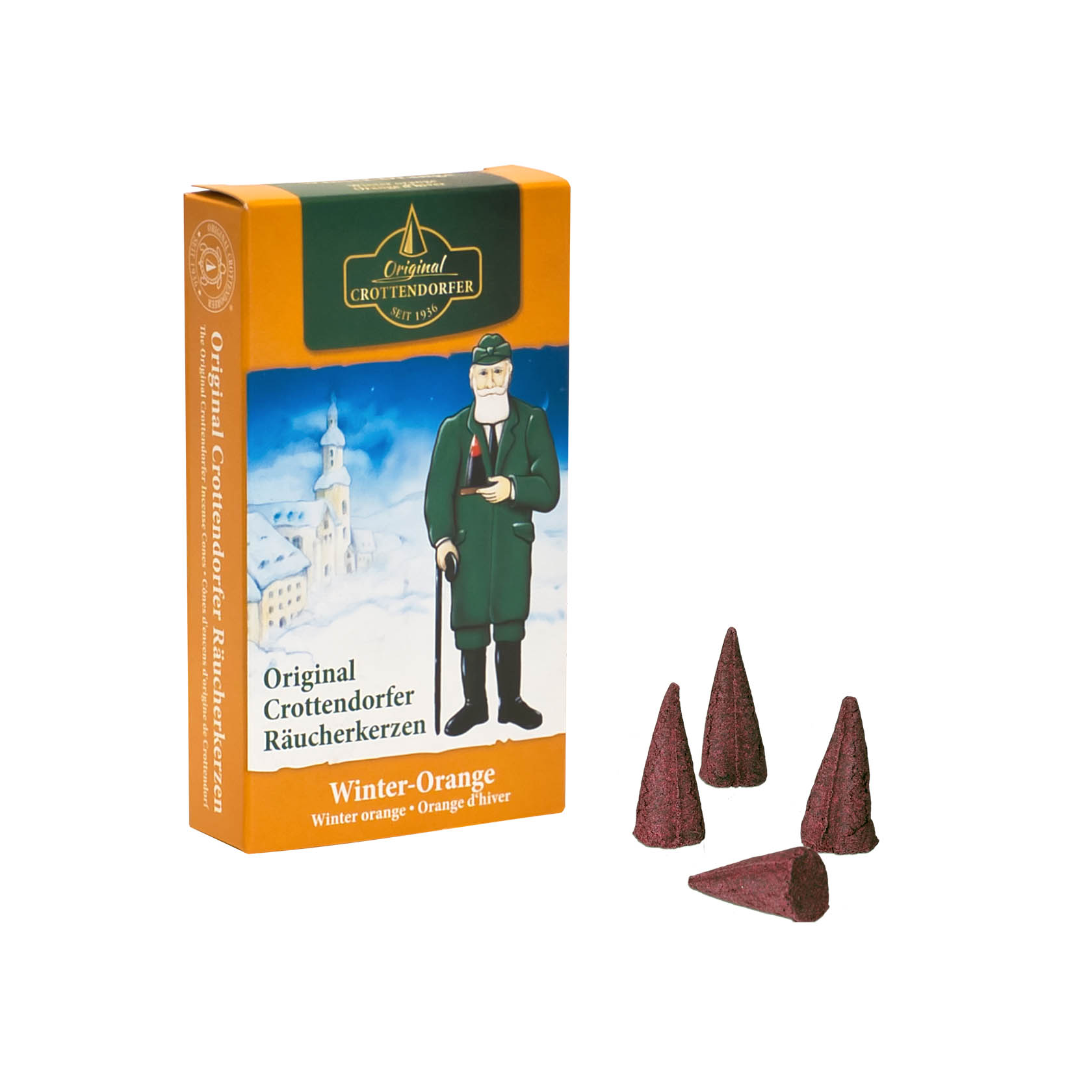 Verpackung von Original Crottendorfer Räucherkerzen mit Wintermotiv und drei Räucherkerzen in Kegelform, eine davon rauchend. im Dregeno Online Shop günstig kaufen