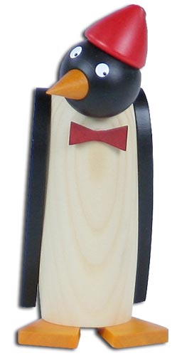 Wooden penguin figurine with a red hat, red bow tie, orange beak, and feet. im Dregeno Online Shop günstig kaufen