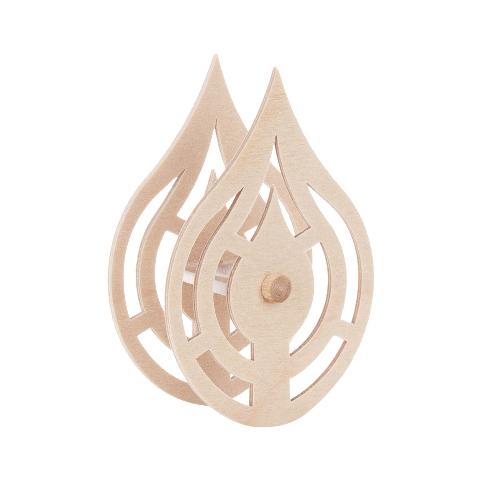 A large wooden clip-on flame ornament with cut-out patterns, resembling a stylized flame shape.