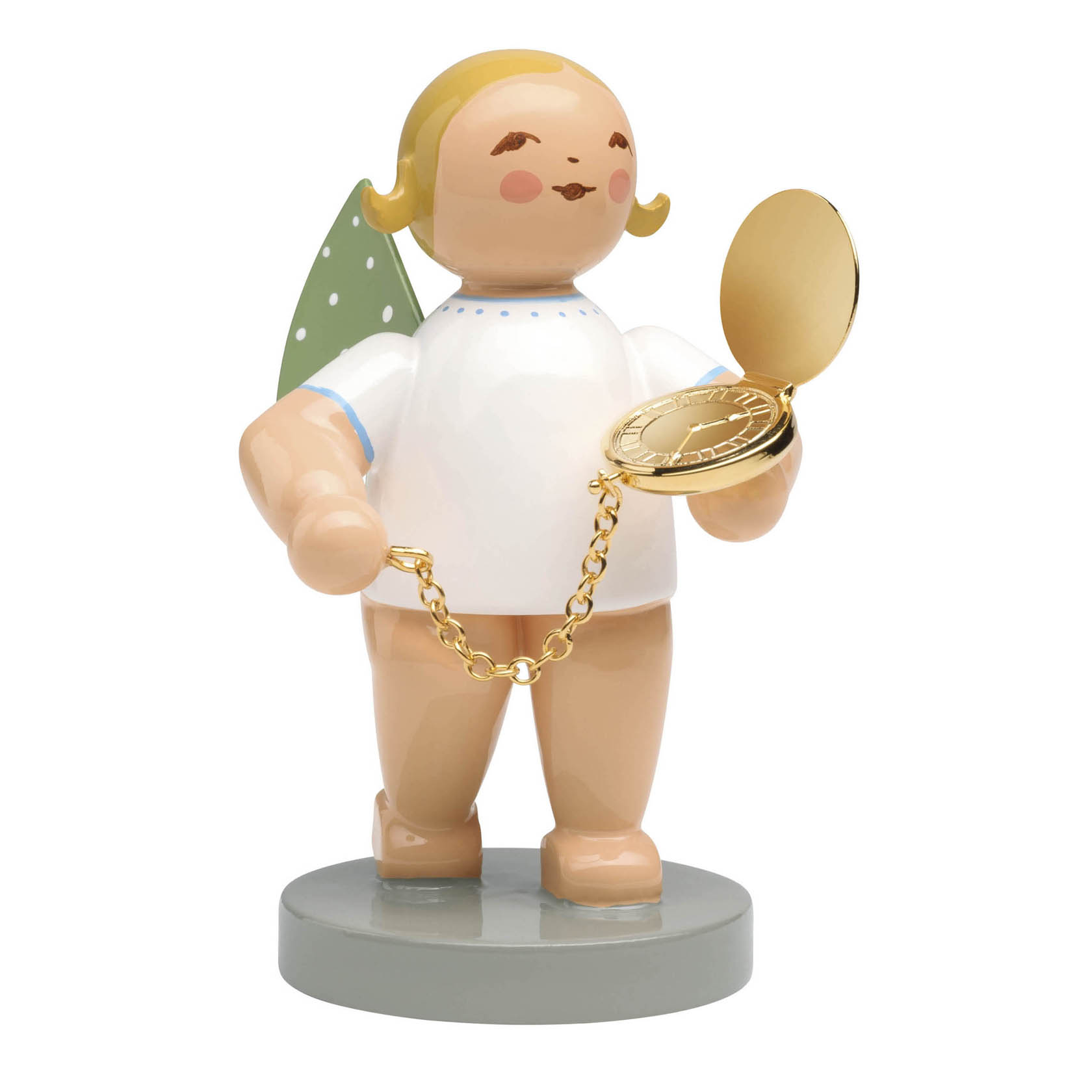 Vergoldete Engel Figurine mit grün gepunkteten Flügeln hält eine goldene Taschenuhr. Details wie Kettenlinie und lächelnden Ausdruck sind sichtbar. im Dregeno Online Shop günstig kaufen