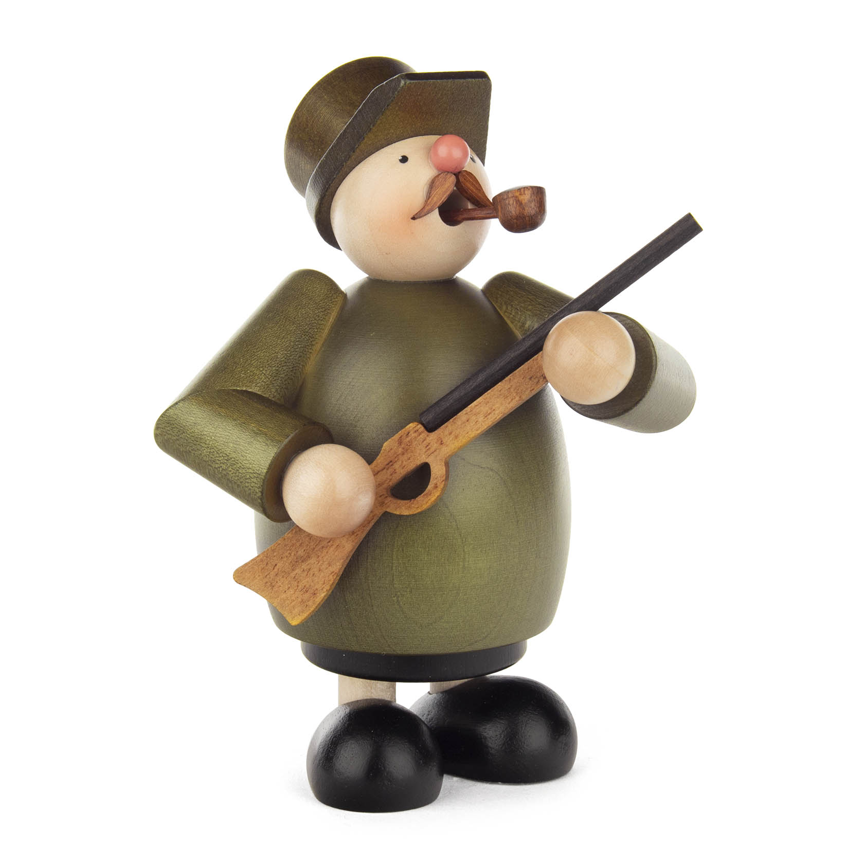 Ein handgefertigter Räuchermann, dargestellt als Jäger mit brauner Pfeife, Hut und Gewehr, macht einen freundlichen Eindruck. im Dregeno Online Shop günstig kaufen