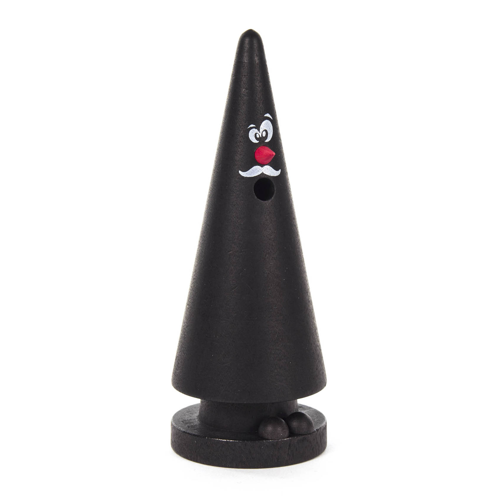 Räucherfigur in Form eines schwarzen, konischen Körpers mit einem freundlich gesichteten Gesicht und hervorstehenden Füßen. Die Figur trägt einen roten Hutknopf. im Dregeno Online Shop günstig kaufen