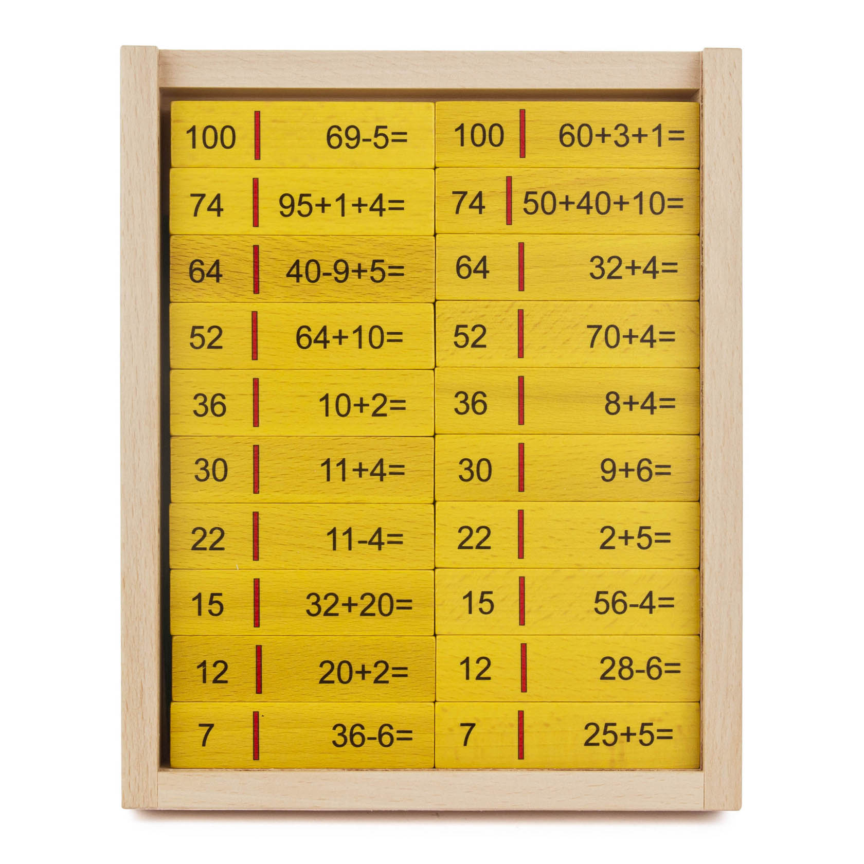 A wooden box containing 40 domino pieces with math problems. Each piece shows an equation like 69-5= or 60+3=1 on one side and 100 or 10 on the other.
