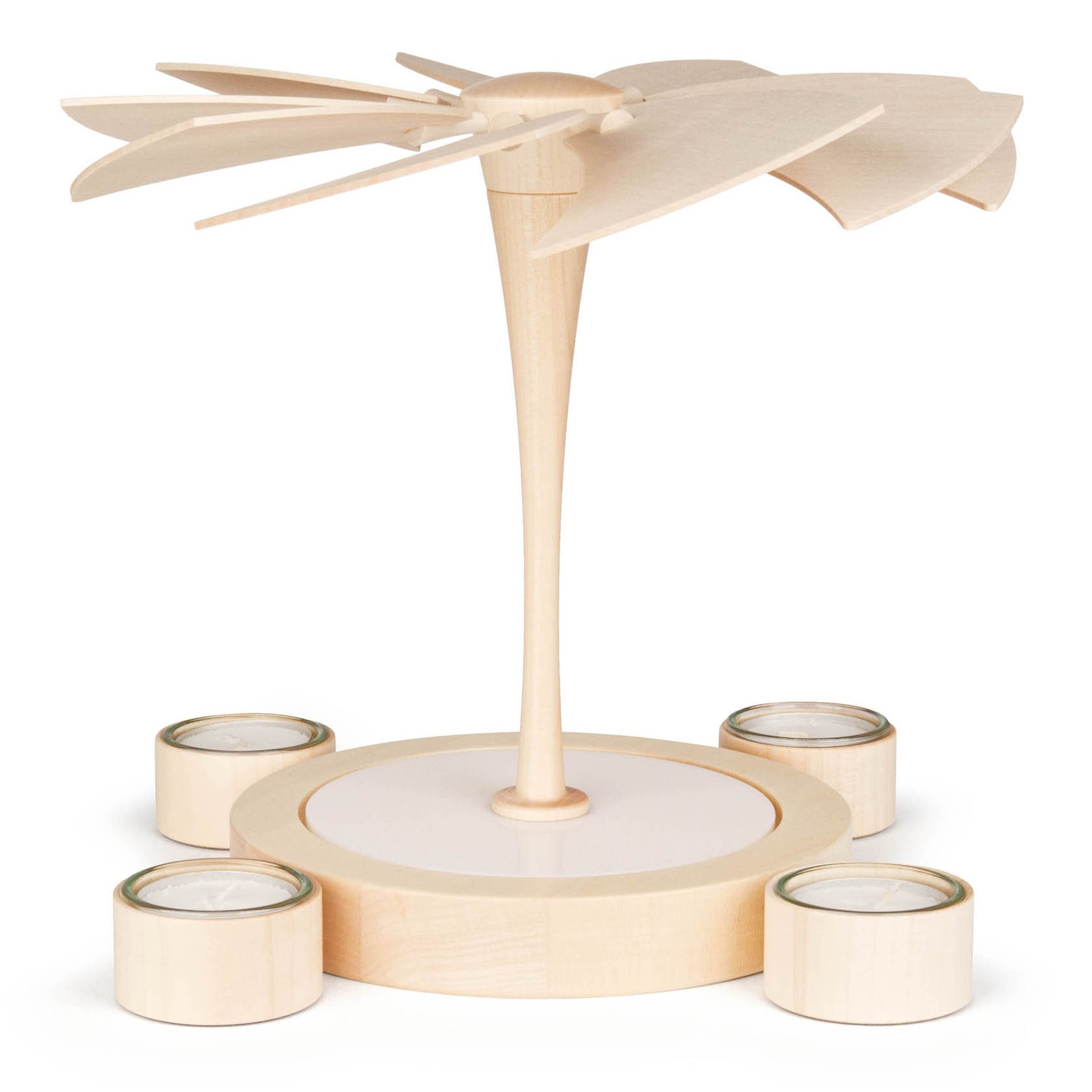 Holzpyramide mit Propeller oben, ohne Dekoration, umgeben von vier Stellen für Teelichte. im Dregeno Online Shop günstig kaufen