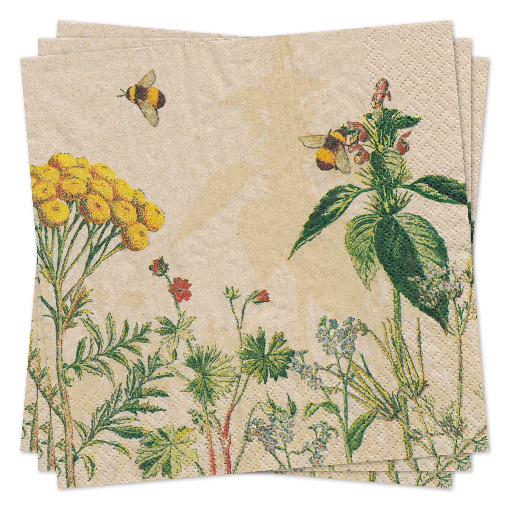 Servietten mit aufgedruckten Wildblumen und zwei Bienen, die über den Blumen fliegen, Größe 33cm x 33cm. im Dregeno Online Shop günstig kaufen