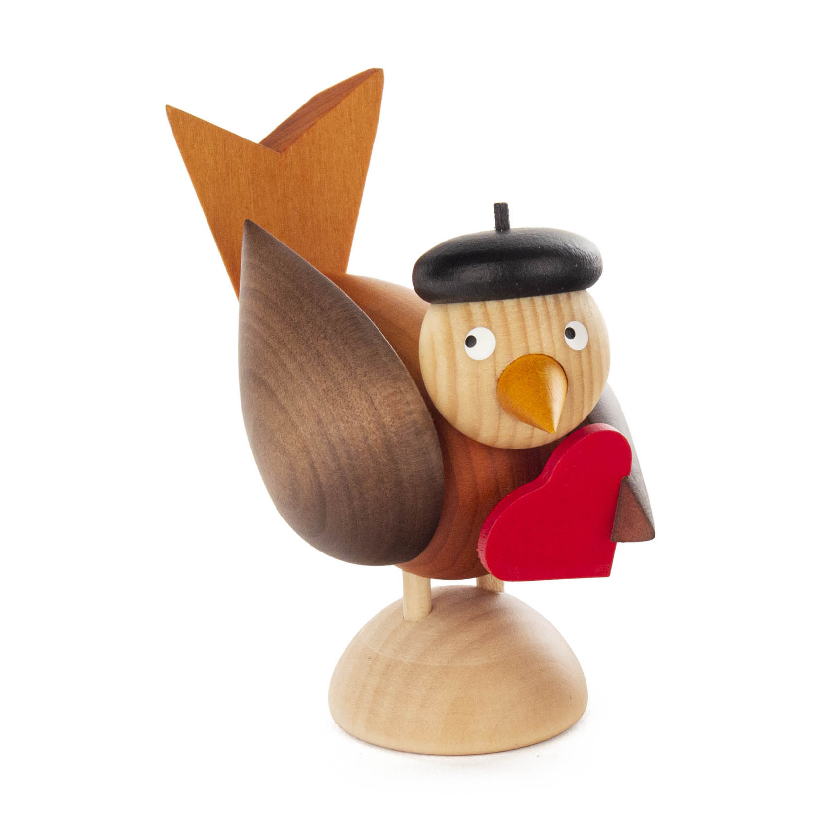 Holzfigur eines Vogels mit einem schwarzen Hut und einem roten Herz in den Flügeln. im Dregeno Online Shop günstig kaufen