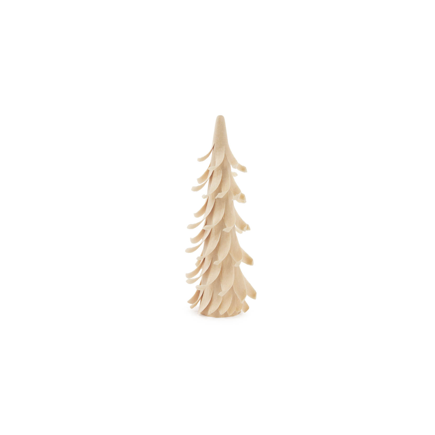 Ein kleiner, hölzerner Spiralbaum mit natürlichem Finish, etwa 9 cm hoch, elegant geformt. im Dregeno Online Shop günstig kaufen
