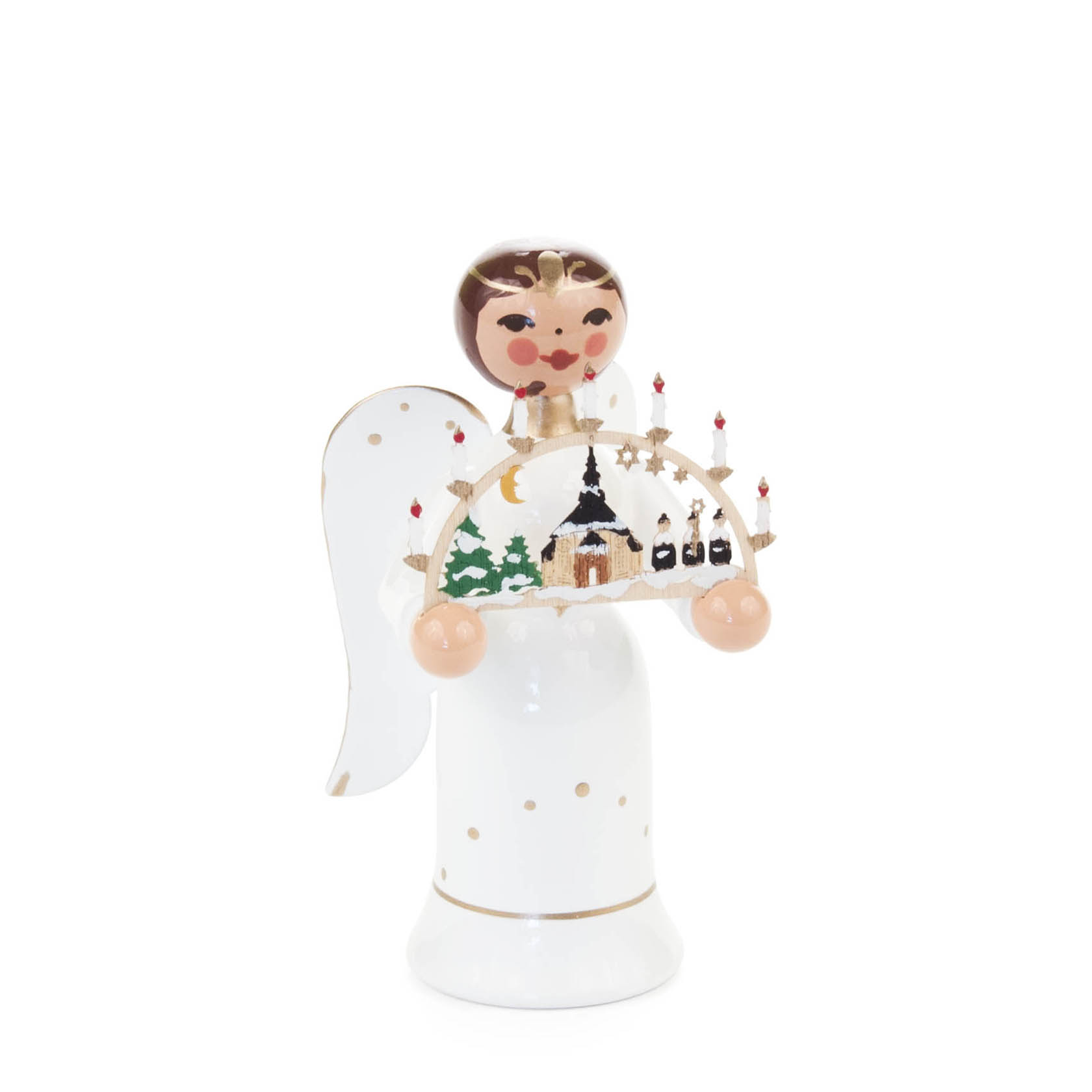 Miniatur Engel mit weiß-goldenem Gewand und Flügeln, hält einen Schwibbogen mit der Seiffener Kirche und Kerzen. im Dregeno Online Shop günstig kaufen