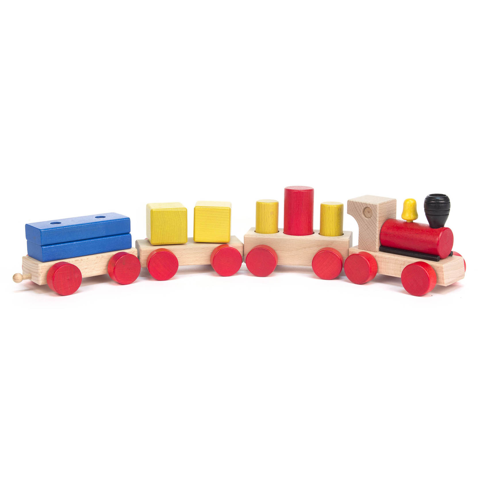 Holzeisenbahn mit roten Rädern und fünf bunten Bauklötzen als Ladung auf drei Waggons. im Dregeno Online Shop günstig kaufen
