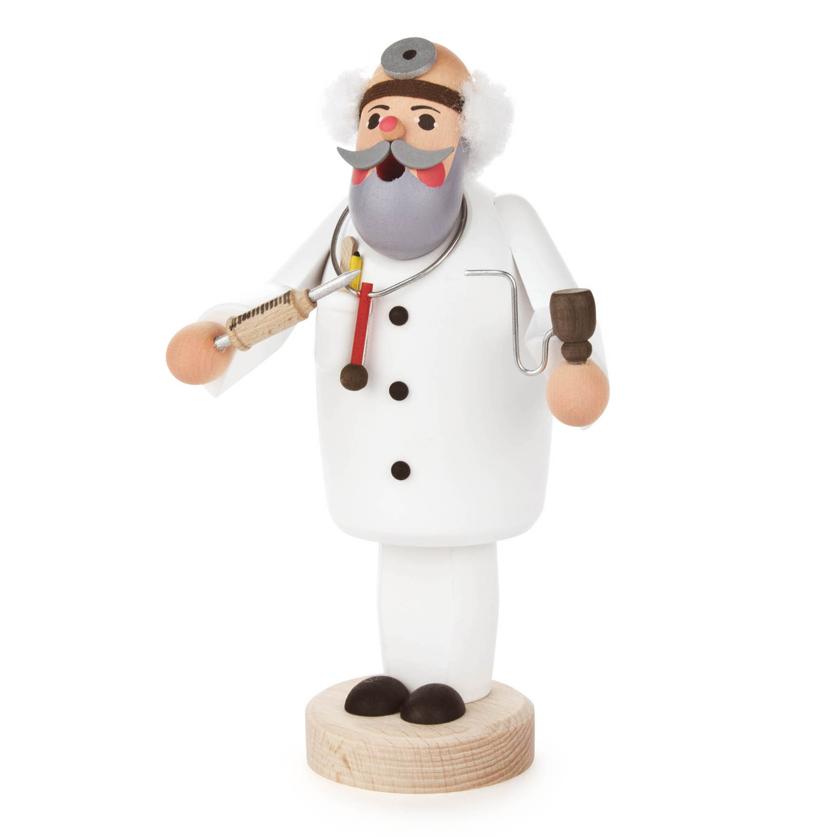 Holzwurzel-Räuchermann in Form eines Arztes mit weißem Kittel, Stethoskop, Spritze und Hammer. im Dregeno Online Shop günstig kaufen