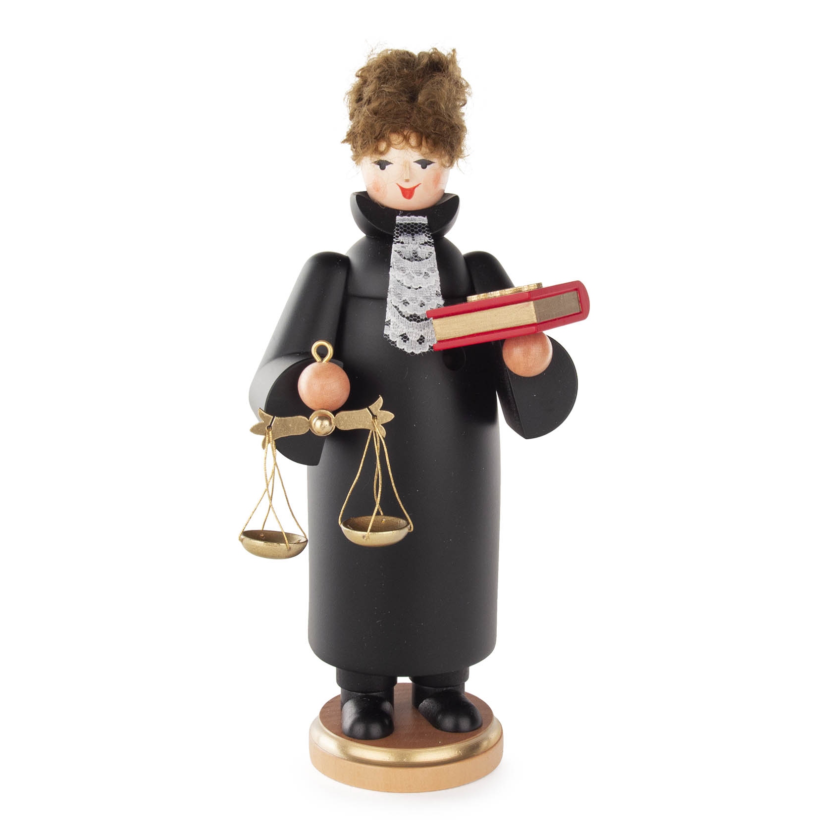 Wooden incense smoker figure dressed as a female judge holding balance scales in one hand and a book in the other. im Dregeno Online Shop günstig kaufen