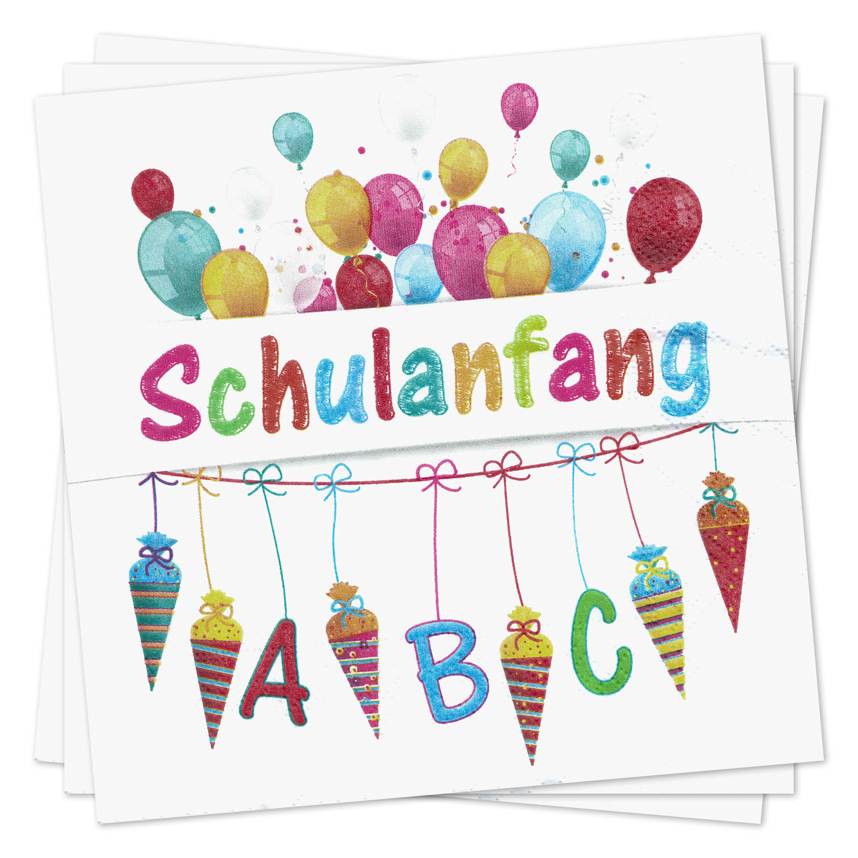 Eine bunte Serviette zum Schulanfang mit der Aufschrift 'Schulanfang', verziert mit Luftballons und Zuckertüten sowie den Buchstaben A, B, C. im Dregeno Online Shop günstig kaufen