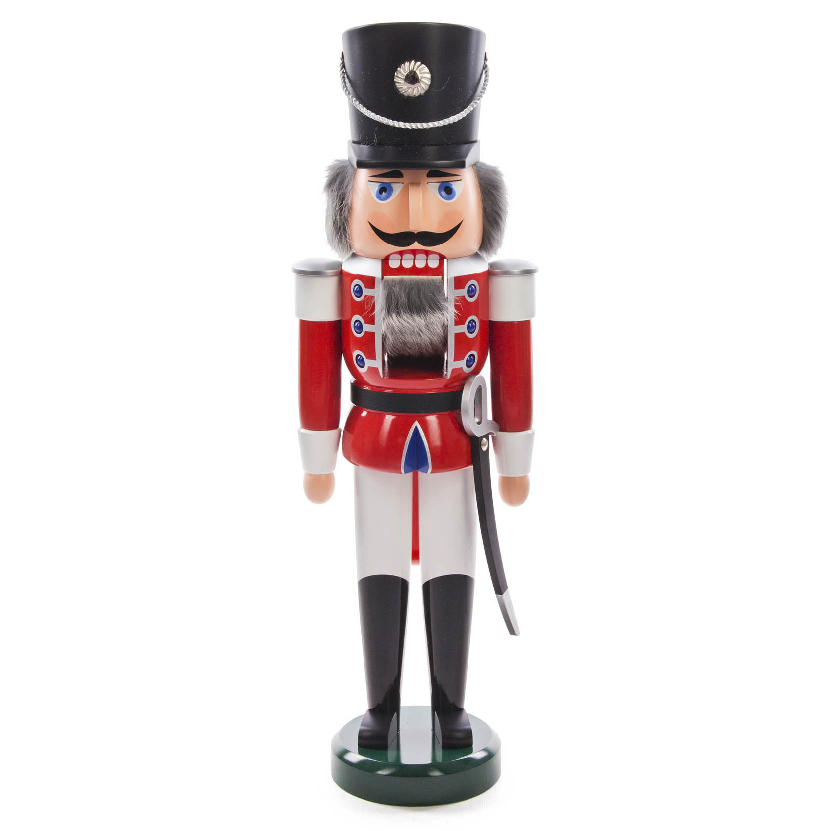 A 60cm red and white nutcracker figure dressed as a soldier with a black hat, detailed facial features, bushy beard, and a sword attached to the side. im Dregeno Online Shop günstig kaufen