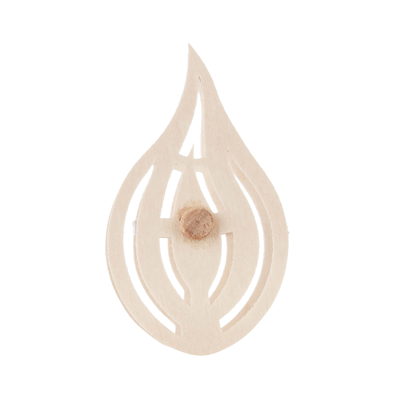 Holzaufstecker in Form einer Flamme mit einem kleinen Docht in der Mitte, aus hellem Holz gefertigt.