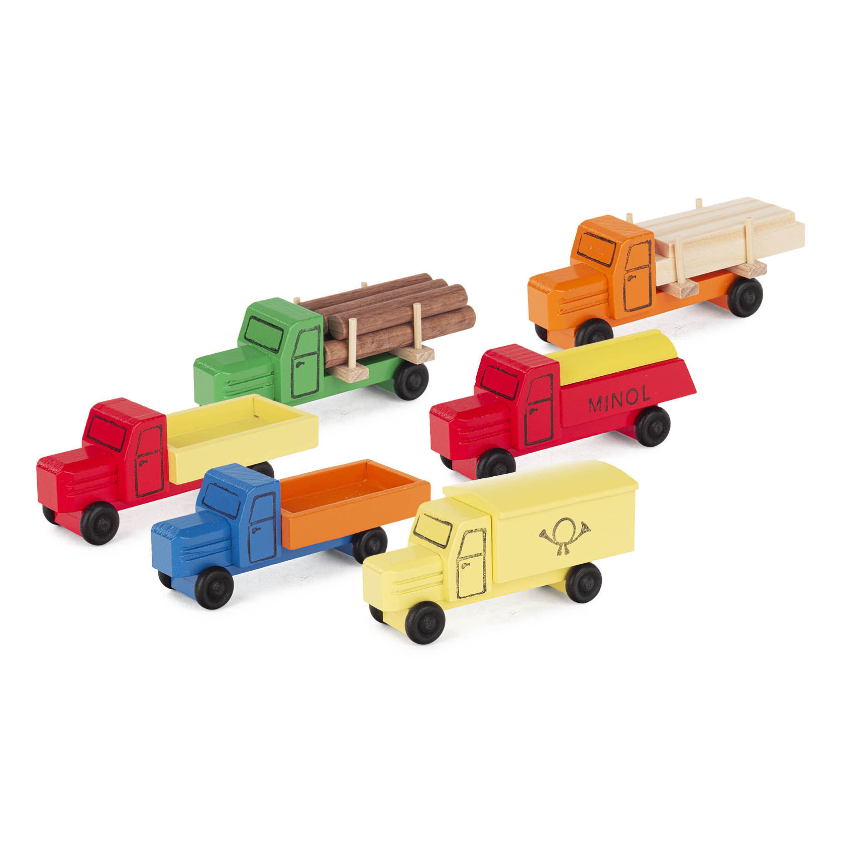 Sechs bunte Mini-LKWs in einer Reihe: orange, grün, blau, rot, rot und gelb, von links nach rechts. im Dregeno Online Shop günstig kaufen