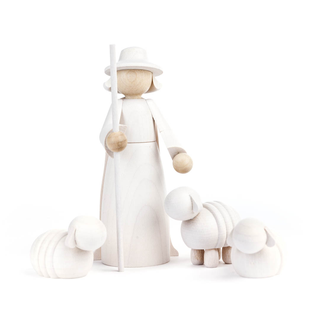 Holzfigur eines Schäfers mit Hut und Stab, begleitet von drei Holzziegen verschiedener Größe, minimalistisches Design. im Dregeno Online Shop günstig kaufen