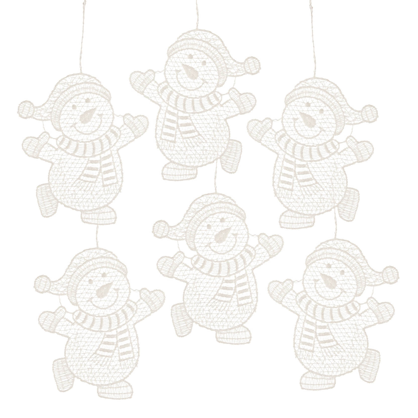 Six decorative lace snowmen with scarves and hats, Plauener Spitze design, arranged in a coordinated pattern.