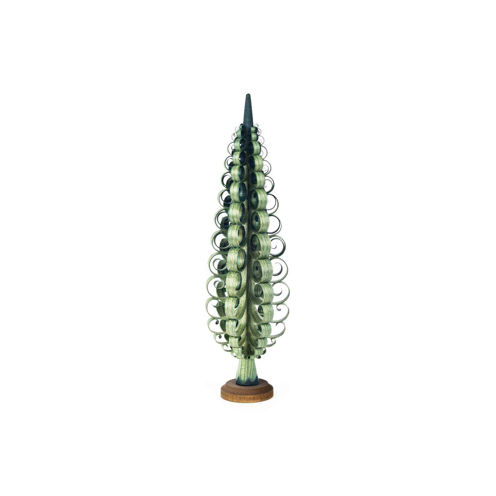 Ein grüner Spanbaum aus Holz, 25 cm hoch, mit spiralförmigen, schichtweise angeordneten Spanringen. im Dregeno Online Shop günstig kaufen