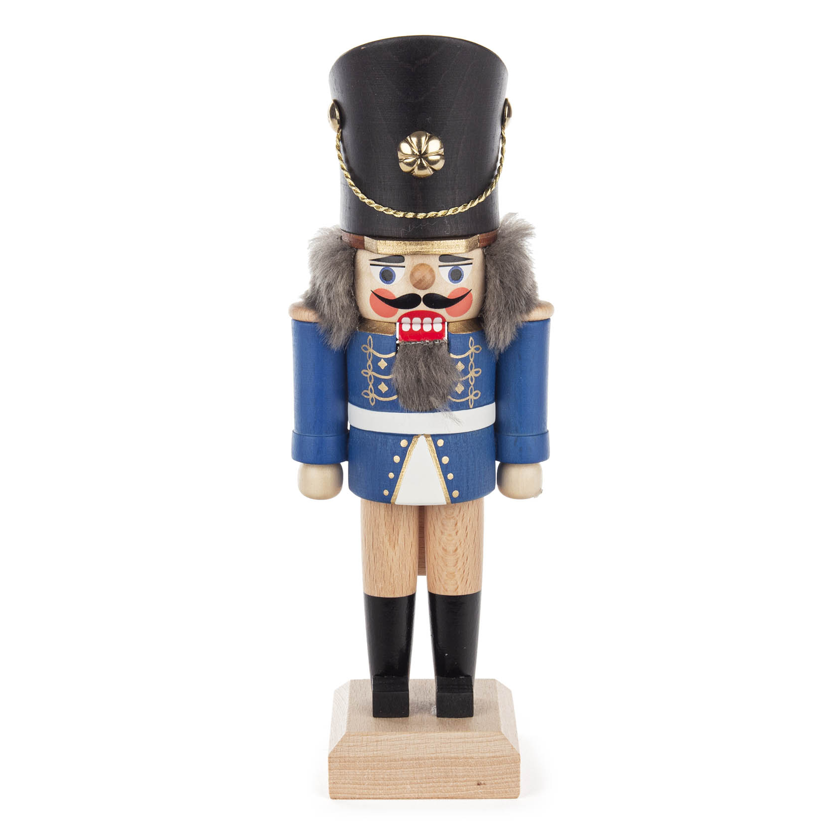 Traditioneller 20cm großer Nussknacker aus Holz, als blauer Soldat mit schwarzem Hut und goldenen Details gestaltet. im Dregeno Online Shop günstig kaufen