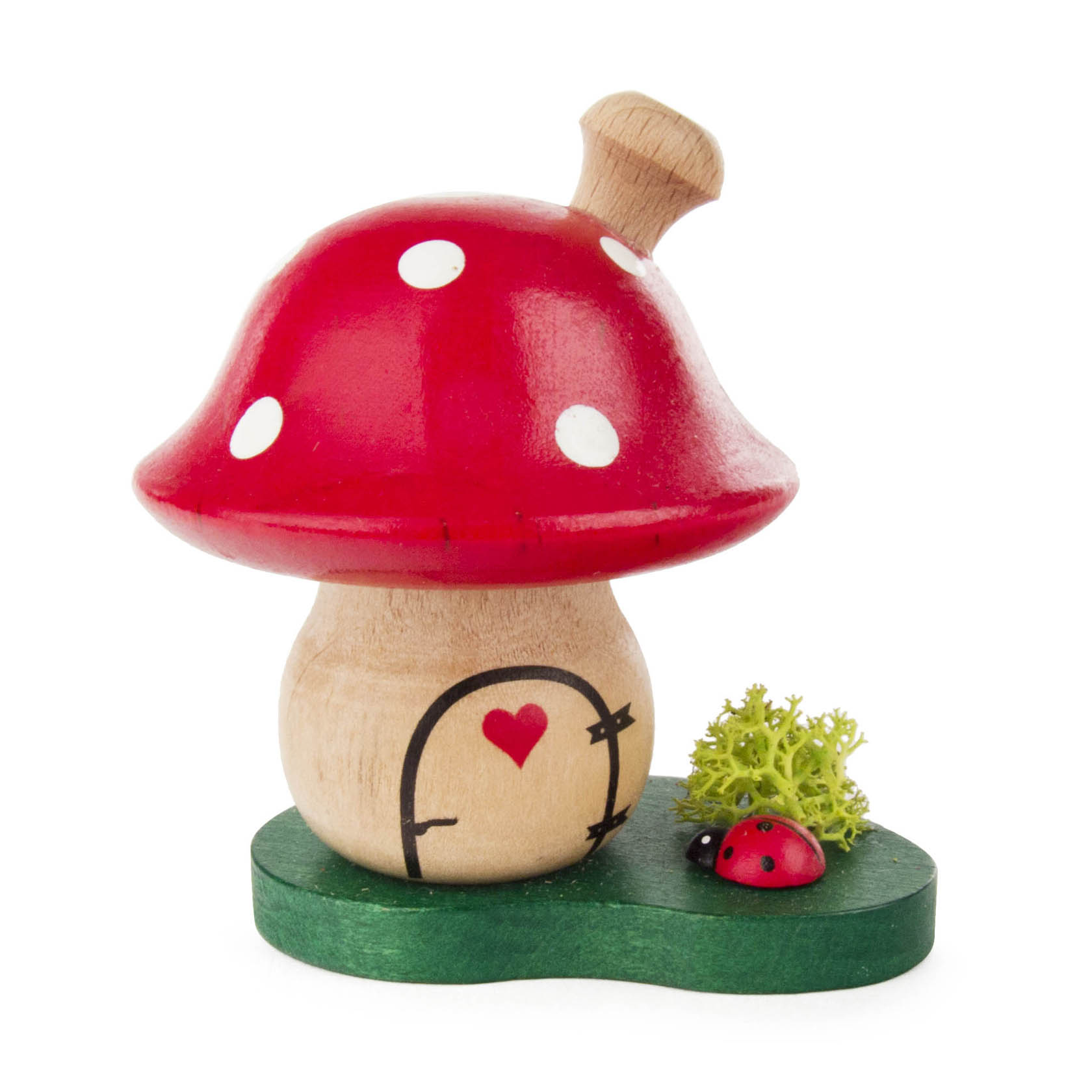 Ein dekorativer, handgefertigter Holz-Räucherpilz in Form eines rot-gepunkteten Fliegenpilzes mit kleinem Holz-Marienkäfer auf grünem Sockel. im Dregeno Online Shop günstig kaufen