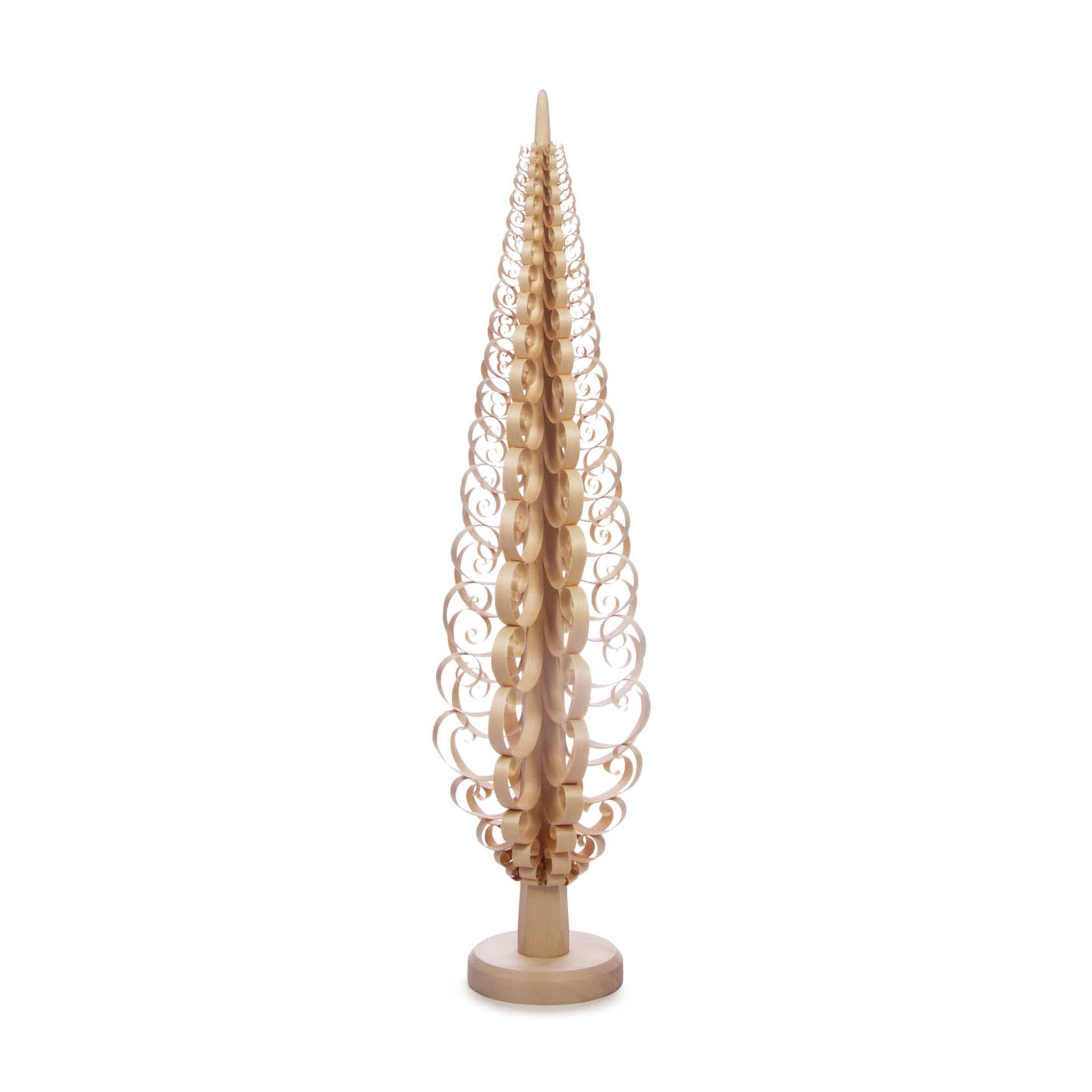 Ein 90 cm großer Spanbaum aus hellem Naturholz mit filigranen, spiralförmigen Holzspänen, die nach oben in einer Kegelform verlaufen. im Dregeno Online Shop günstig kaufen