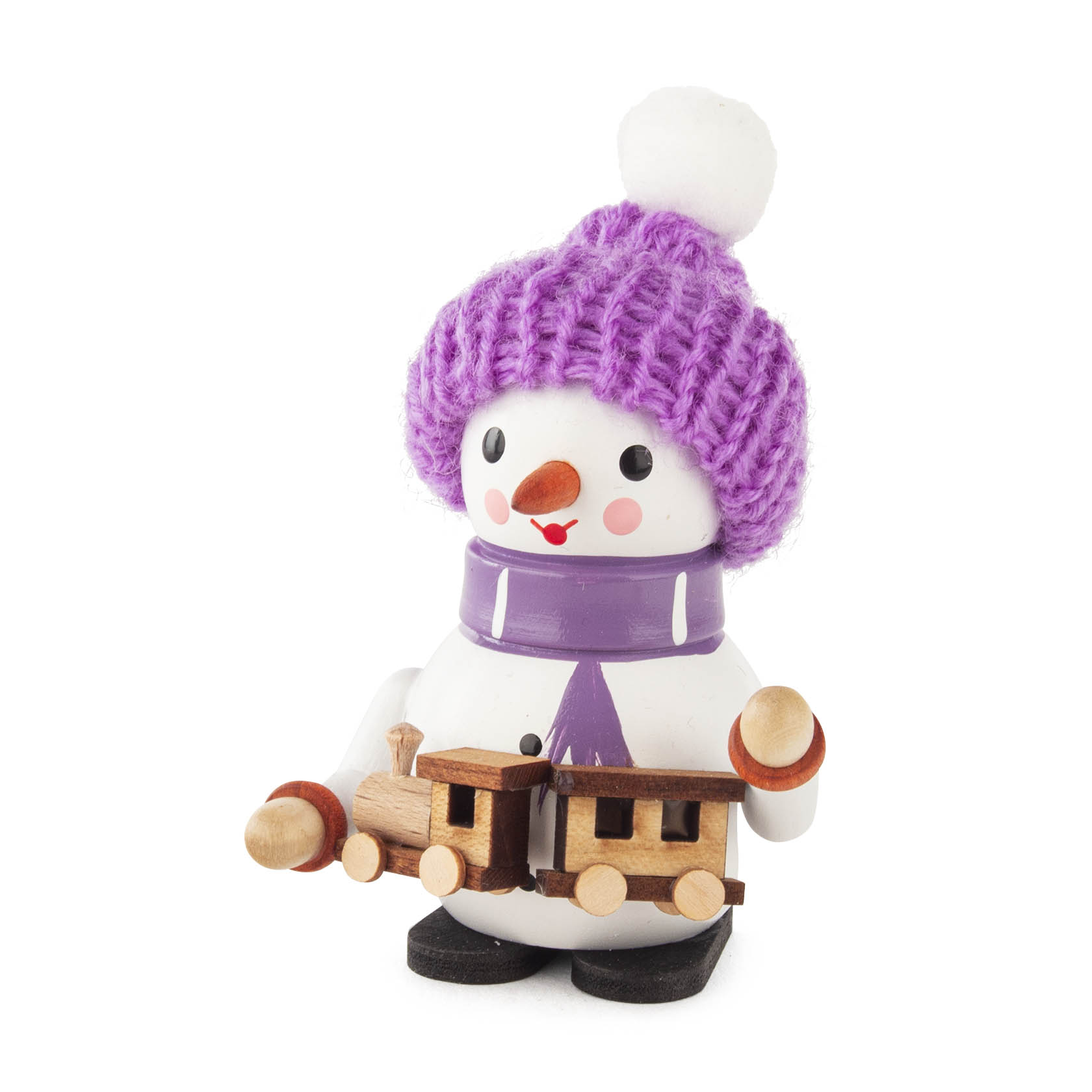 Kleine Holzfigur eines Schneemanns mit lila Mütze und Schal, hält eine kleine Holz-Eisenbahn in den Händen. im Dregeno Online Shop günstig kaufen