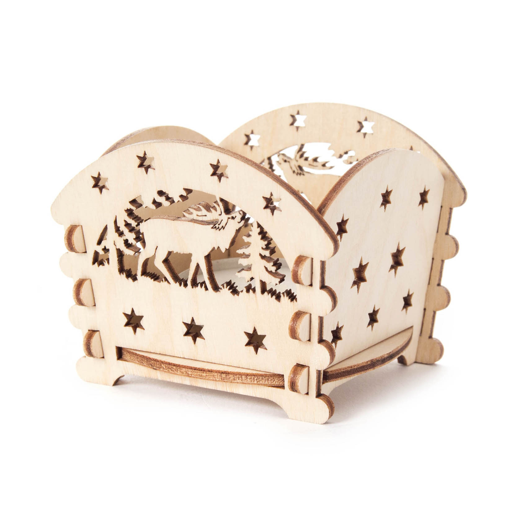 Holz-Teelichthalter mit ausgestanztem Hirschmotiv. Die Wände sind mit Sternen verziert und bieten Platz für ein Teelicht. im Dregeno Online Shop günstig kaufen