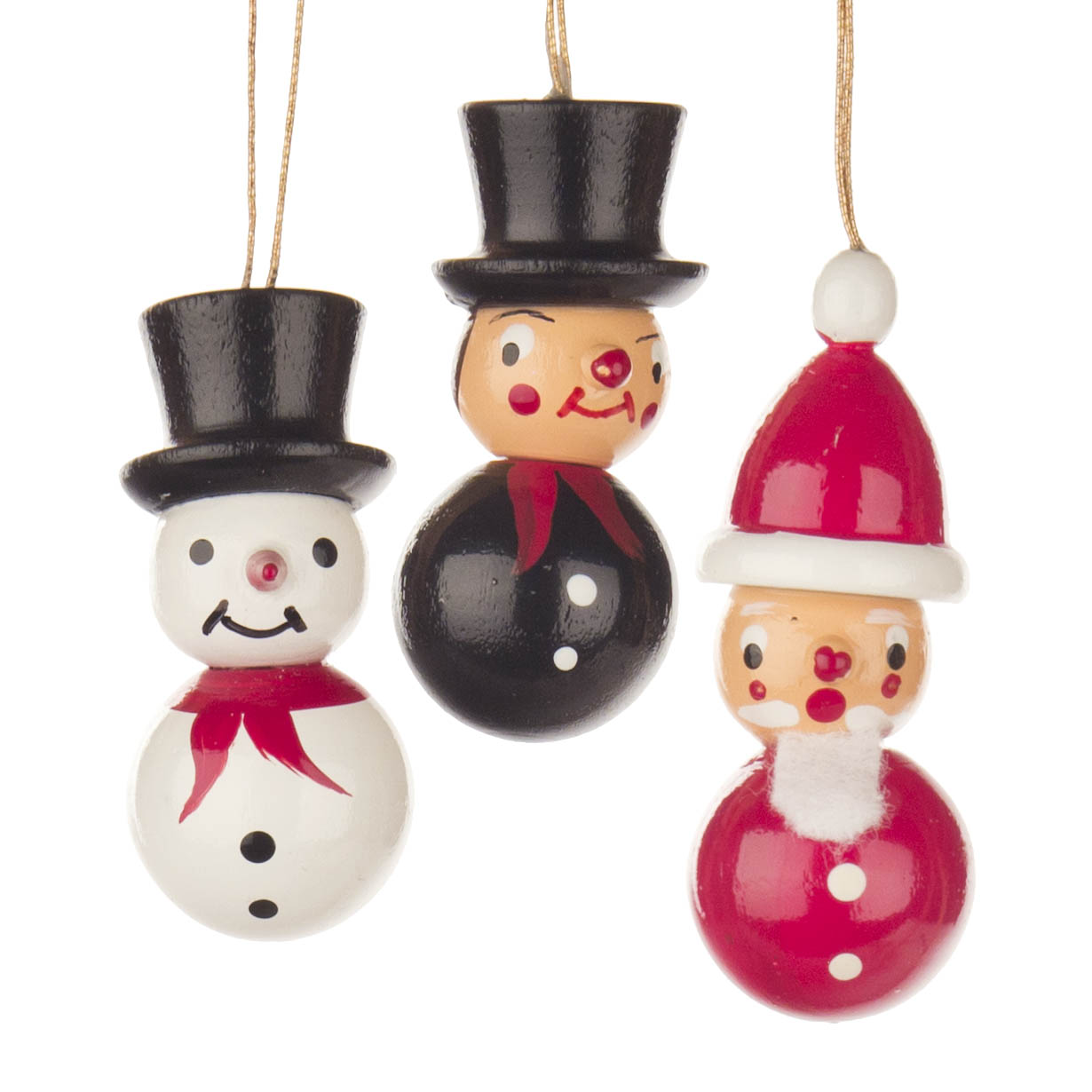 Drei bunte Weihnachtsornamente aus Holz: Schneemann, Weihnachtsmann und Schornsteinfeger mit Gesichtern und Zylindern. im Dregeno Online Shop günstig kaufen