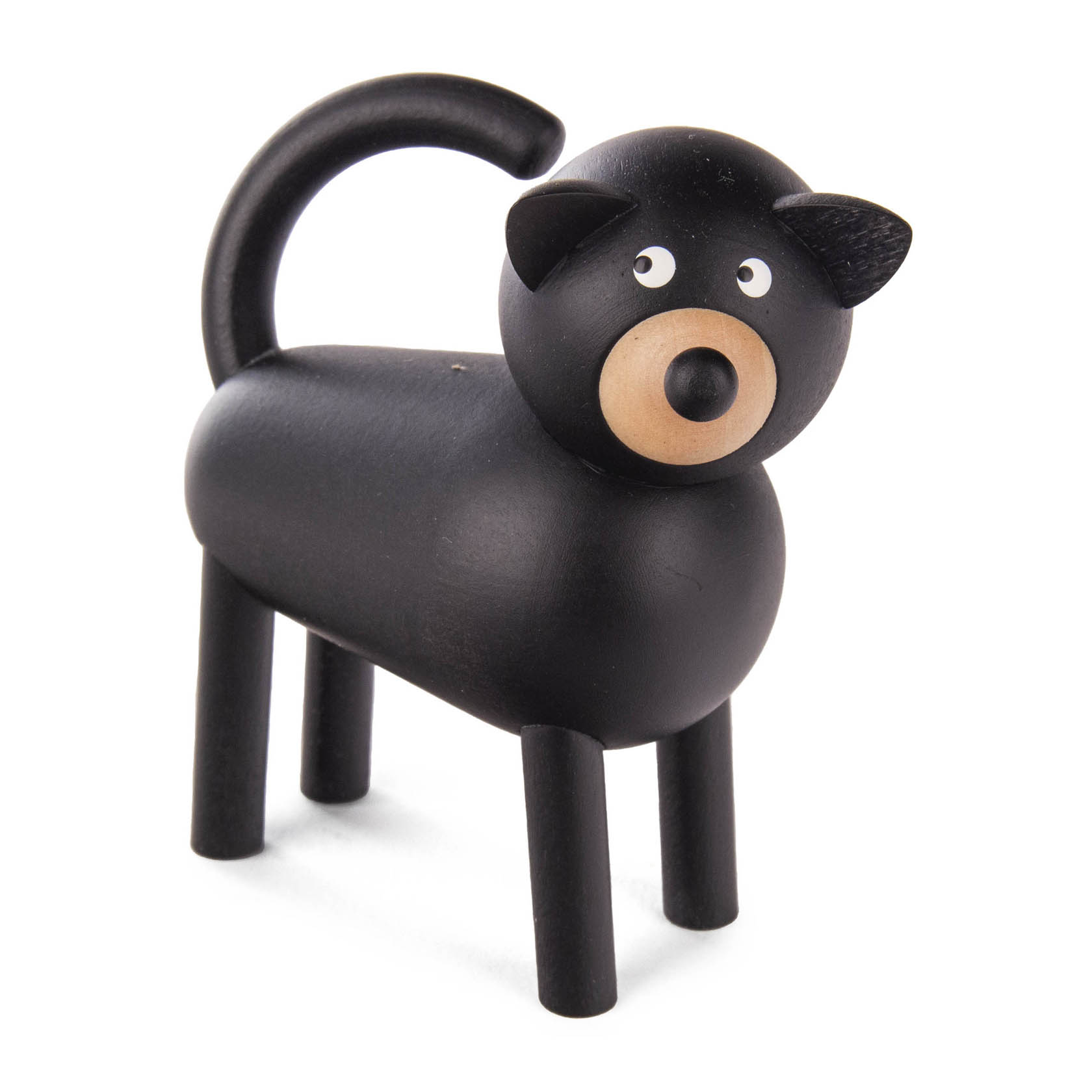 Holzfigur eines Hundes, komplett schwarz mit weißer Schnauze und Ohren, der Vierbeiner hat Knopfaugen und einen hochstehenden Schwanz. im Dregeno Online Shop günstig kaufen