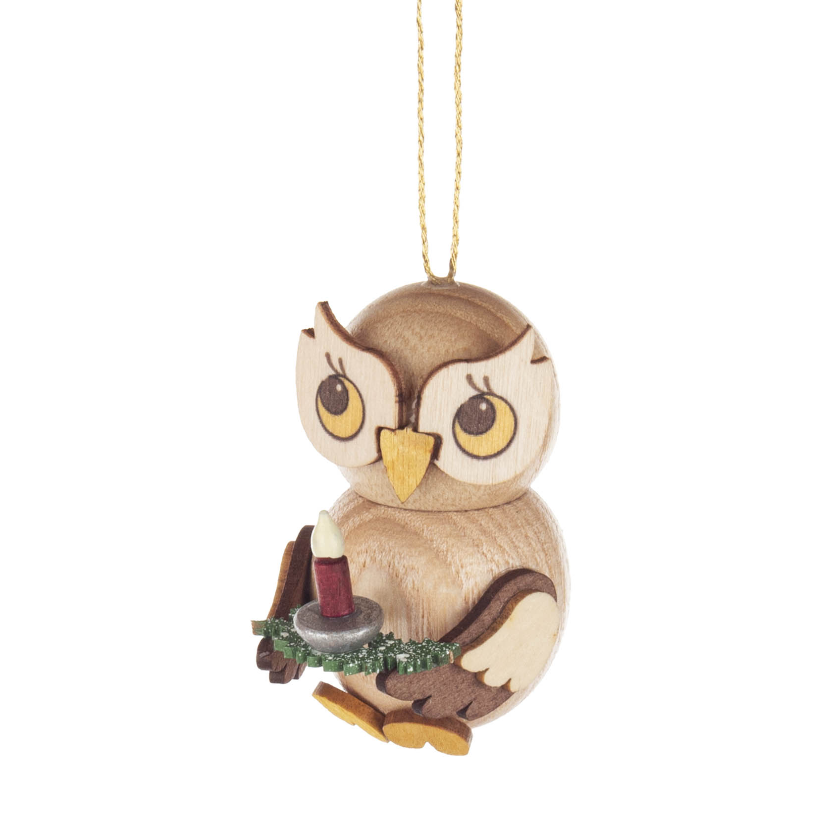 Holzeule als Weihnachtsbaumschmuck hält eine kleine Kerze auf einem Zweig in den Krallen. im Dregeno Online Shop günstig kaufen