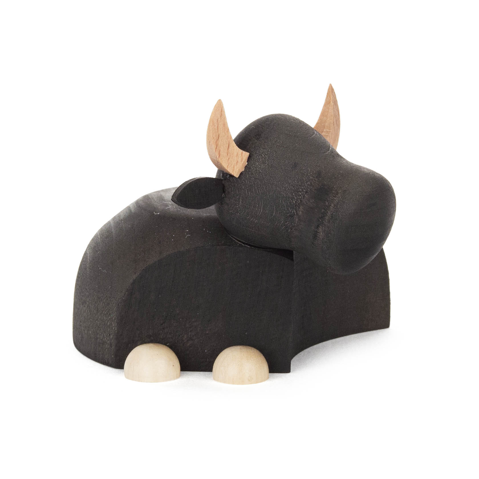 Holzfigur eines modernen, stilisierten Ochsen in Natur- und Anthrazitfarben. Die Figur hat einfache, geometrische Formen und hellbraune Hörner. im Dregeno Online Shop günstig kaufen