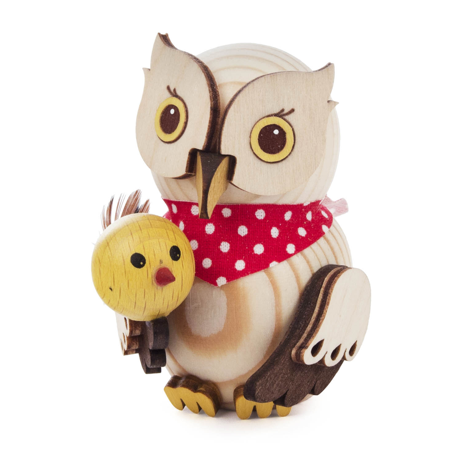 Holzeule mit rotem Punkteschal hält ein kleines gelbes Küken aus Holz in ihrer rechten Klaue. im Dregeno Online Shop günstig kaufen